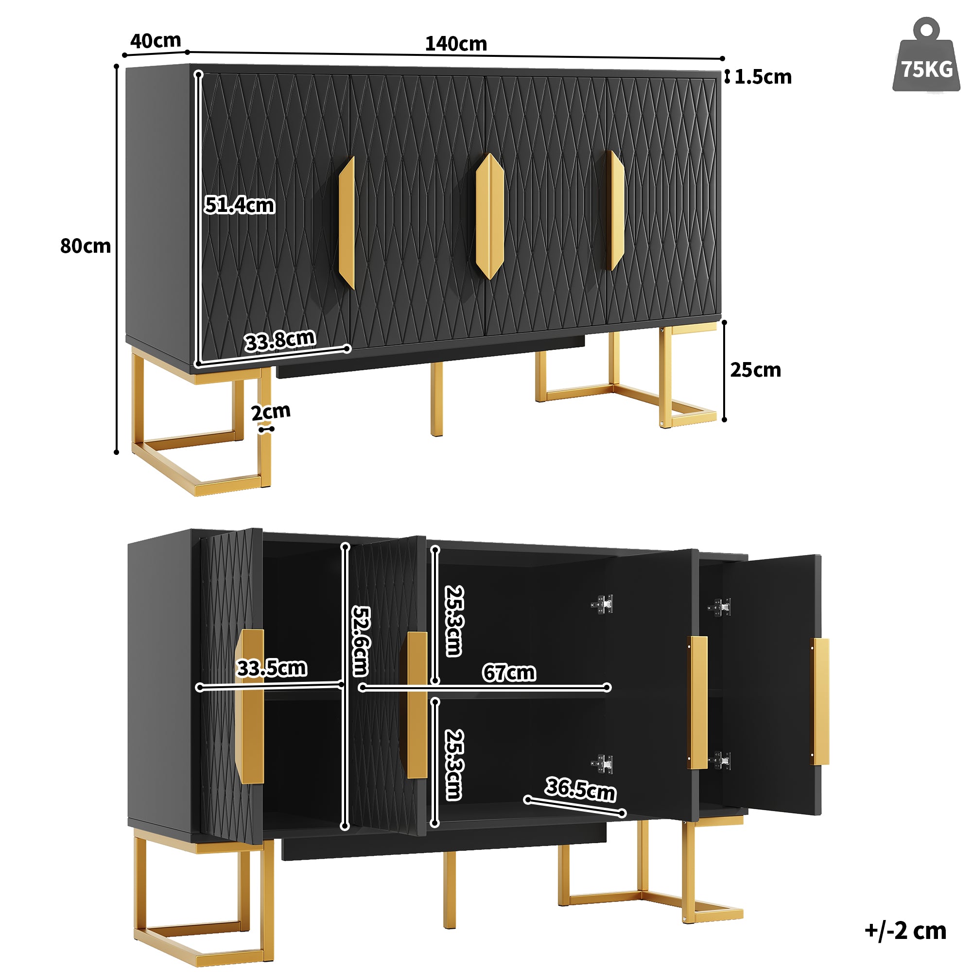 Modern Side Cabinet 140x40x80cm 4 Doors Adjustable Shelves - Blue/Black