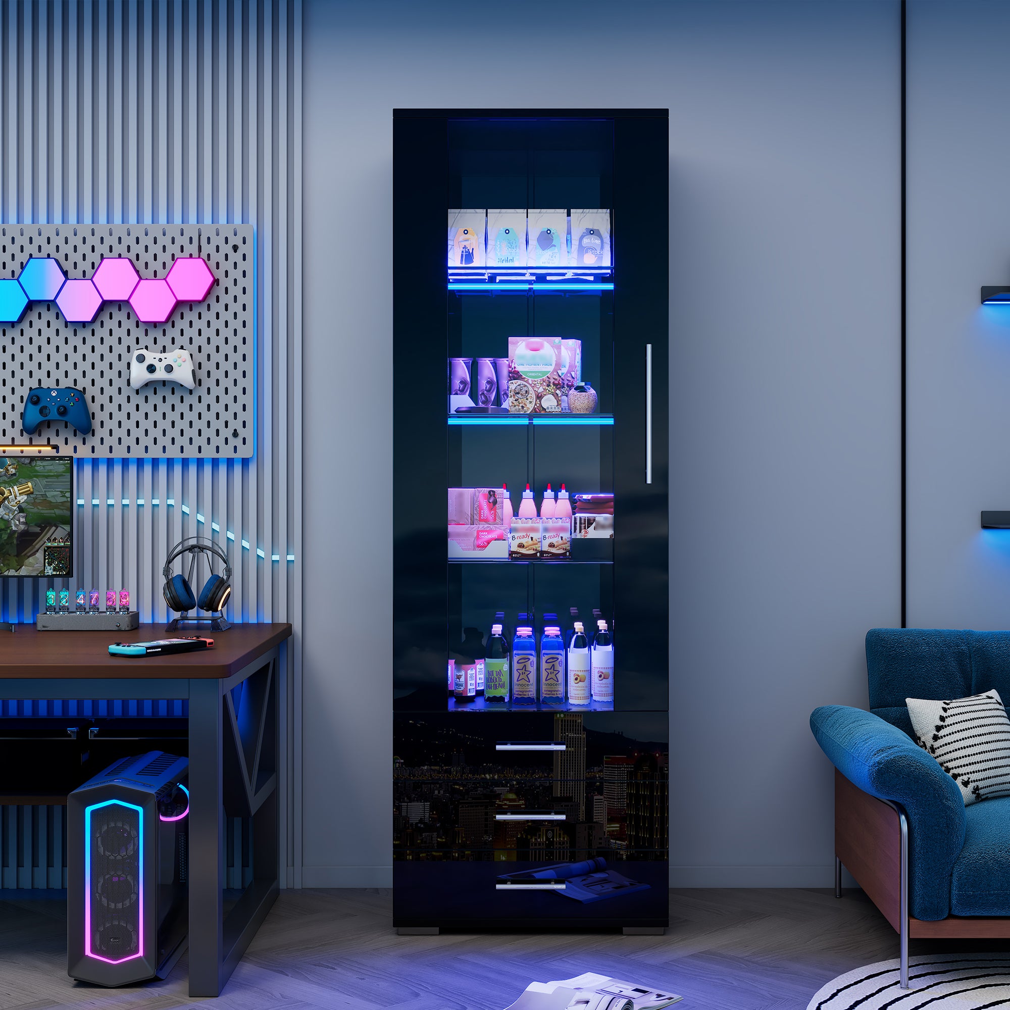 Display Cabinet, Vertical Freestanding LED 3 Drawers 60x35x180cm, Black High-Gloss Glass