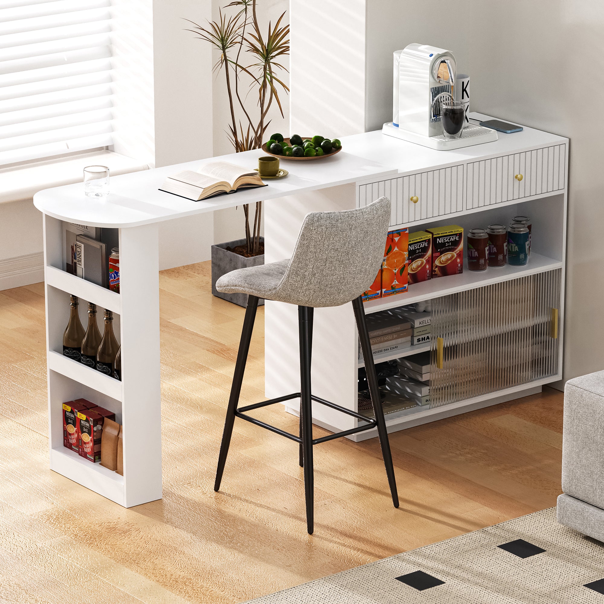 Bar Table Extendable 360° Rotating Sideboard LED Storage Sockets White