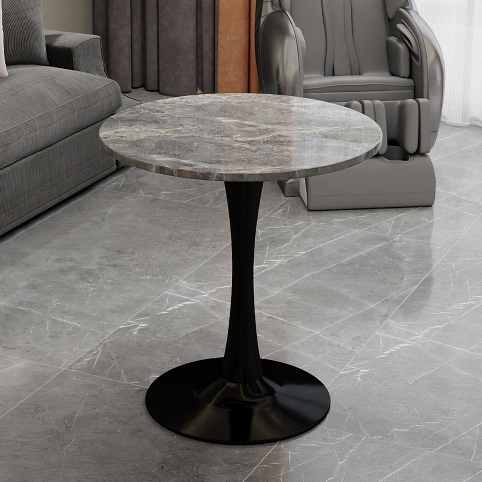 Coffee Table Round Dining Marble Top, 27.6-inch, Black Finish