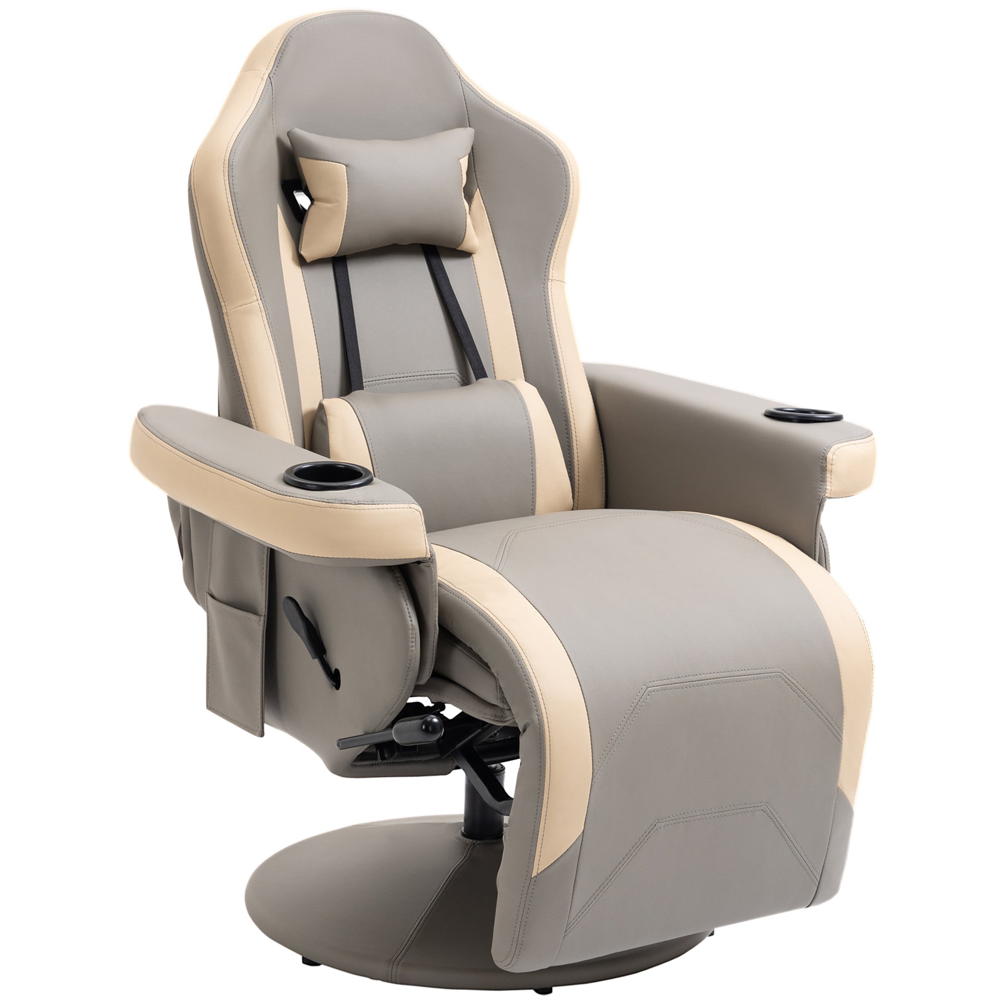 Manual Recliner Armchair with Adjustable Leg Rest, 135° Reclining, 360° Swivel, Grey PU Leather