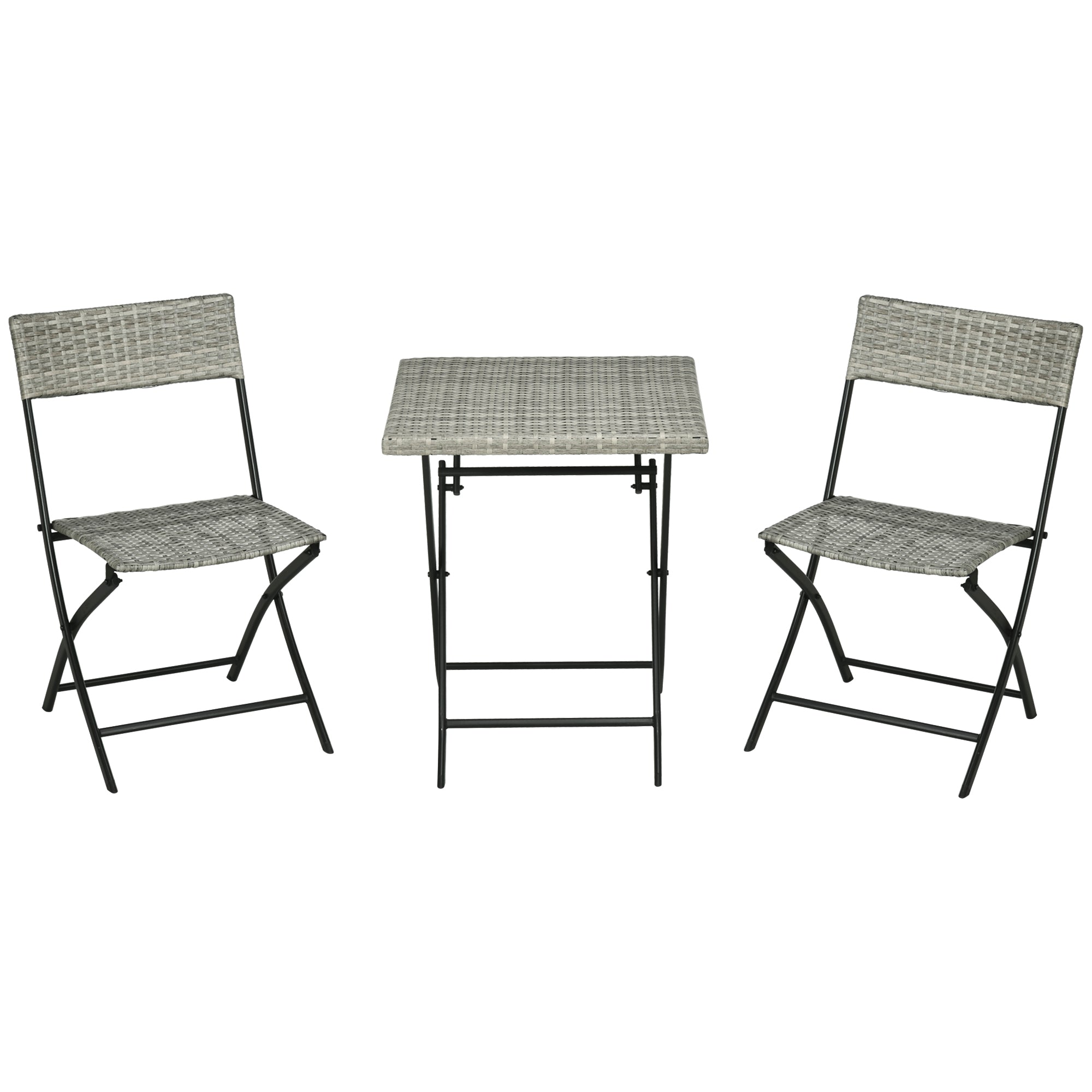 Balcony Furniture Set, 3-Piece Rattan Bistro with 2 Folding Chairs and Table, Light Grey Metal