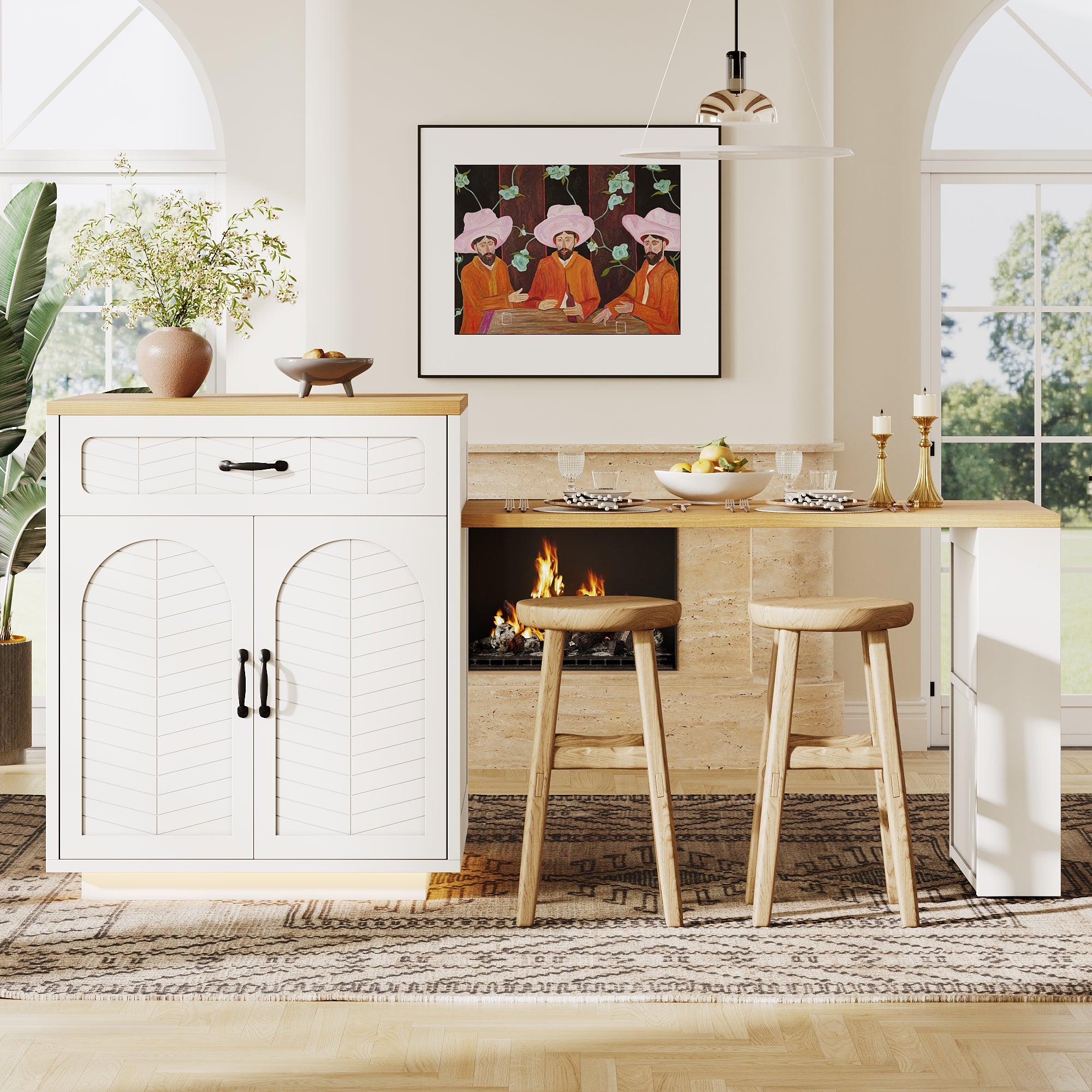 Kitchen Island with Pull-out Table and Storage, 2 Drawers and 4 Doors, Black/White