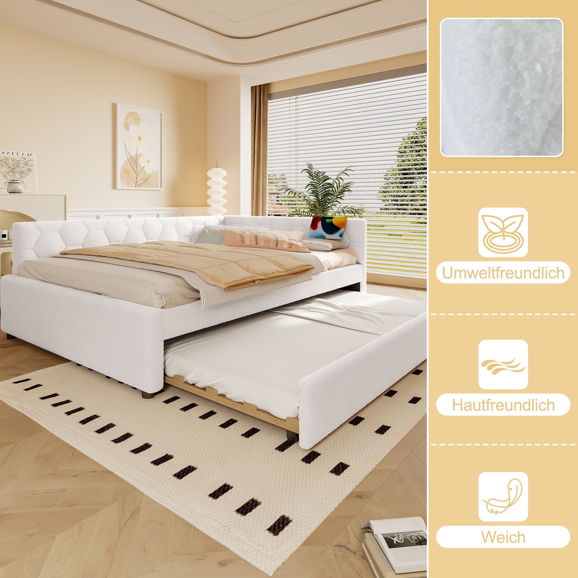 Daybed 140*200cm, Sofa Bed, Bed with Slatted Frame, Pull-out Bed, USB Port, Type-C, Fleece, White