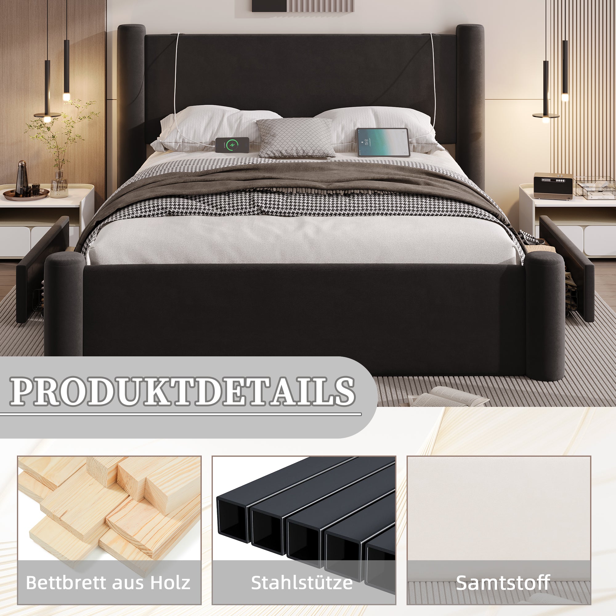 Bed Frame, 160x200cm, 3D Column, Padded Headboard, 2 Storage Drawers, USB, Black