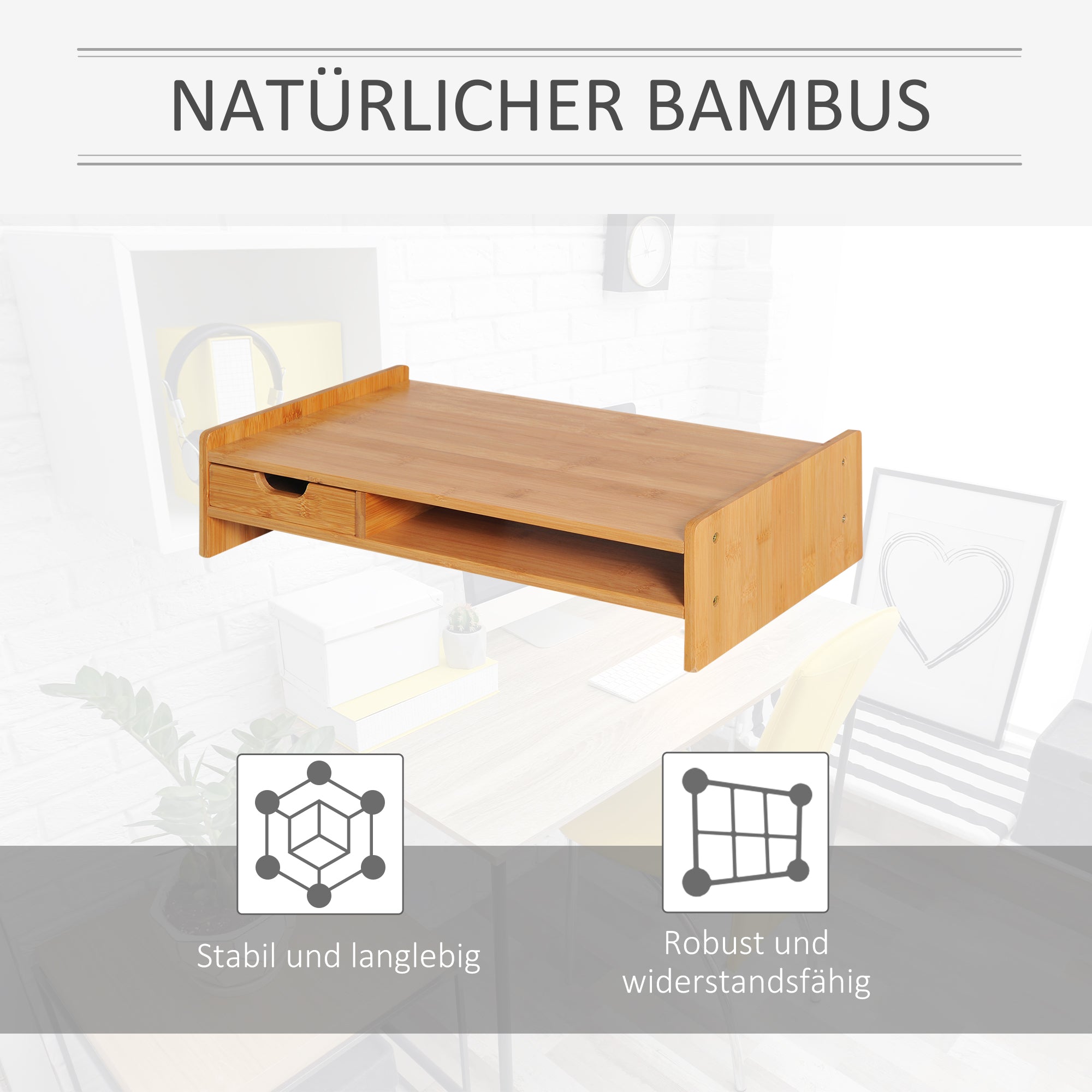 Monitor Stand Screen Desk Organizer with Drawers, Natural Bamboo