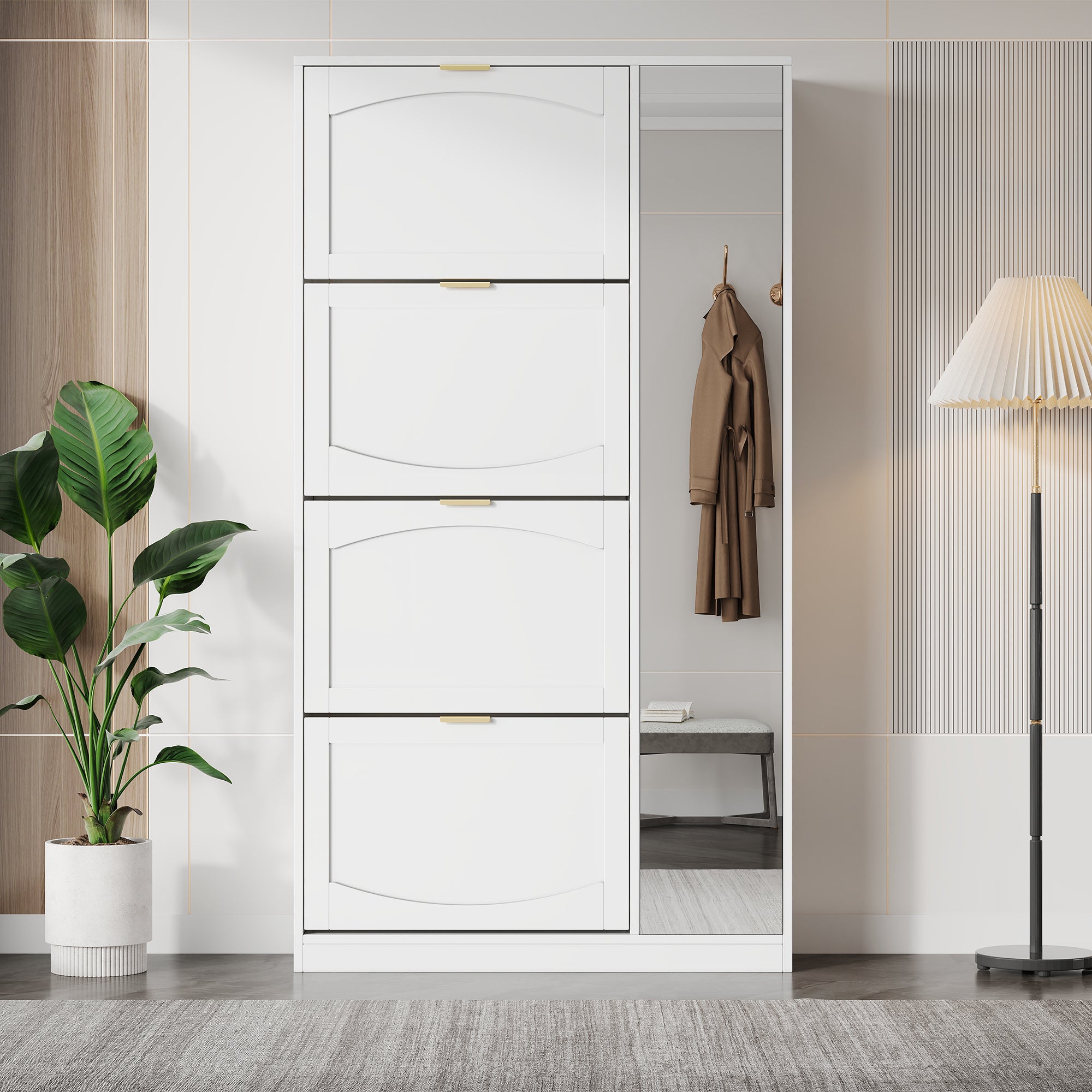 Modern Shoe Cabinet with Mirror, 4 Fold-Down Compartments, Adjustable Shelf, White