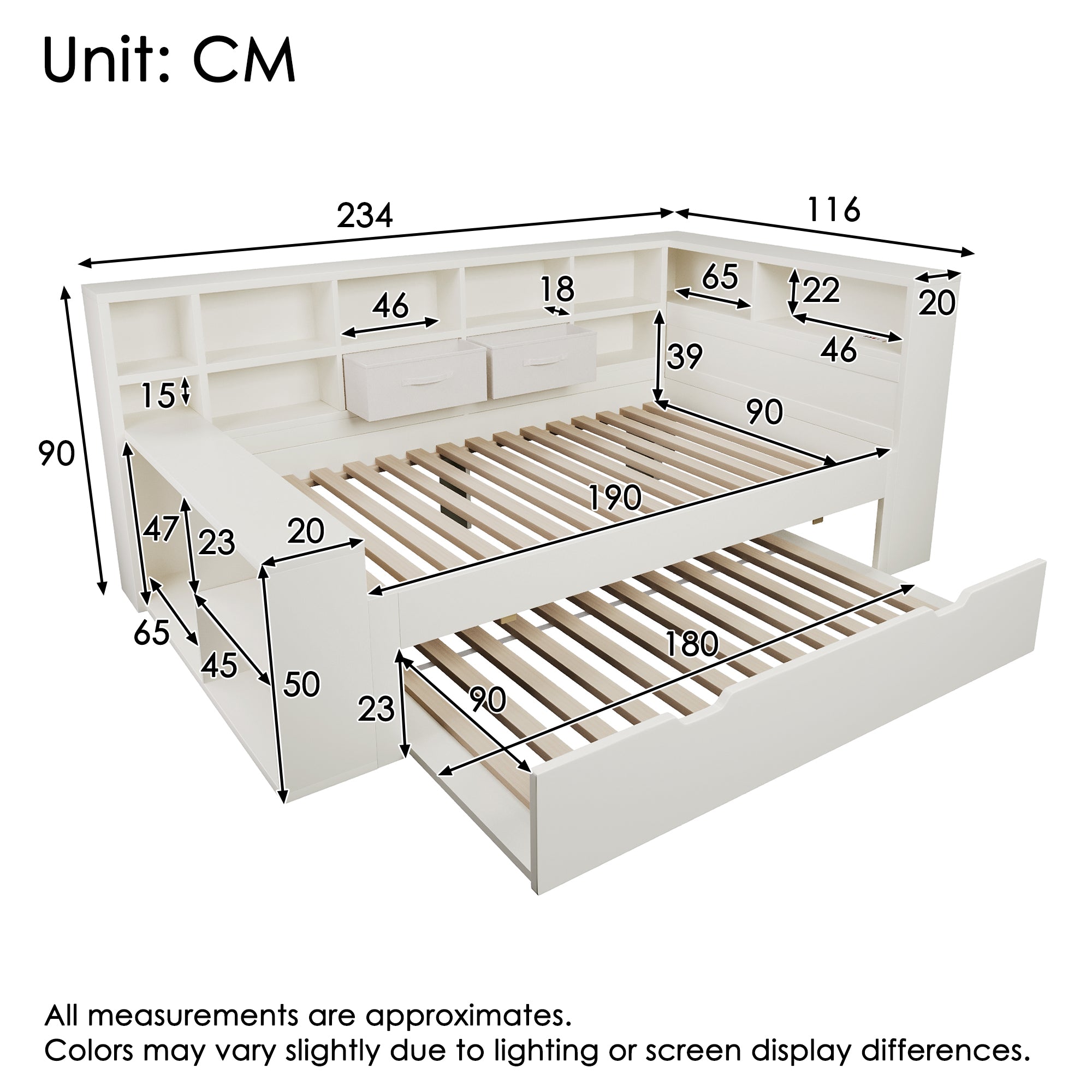 Single Bed 90x190 Pull-out Bed Storage USB/Type-C Charging White Wood