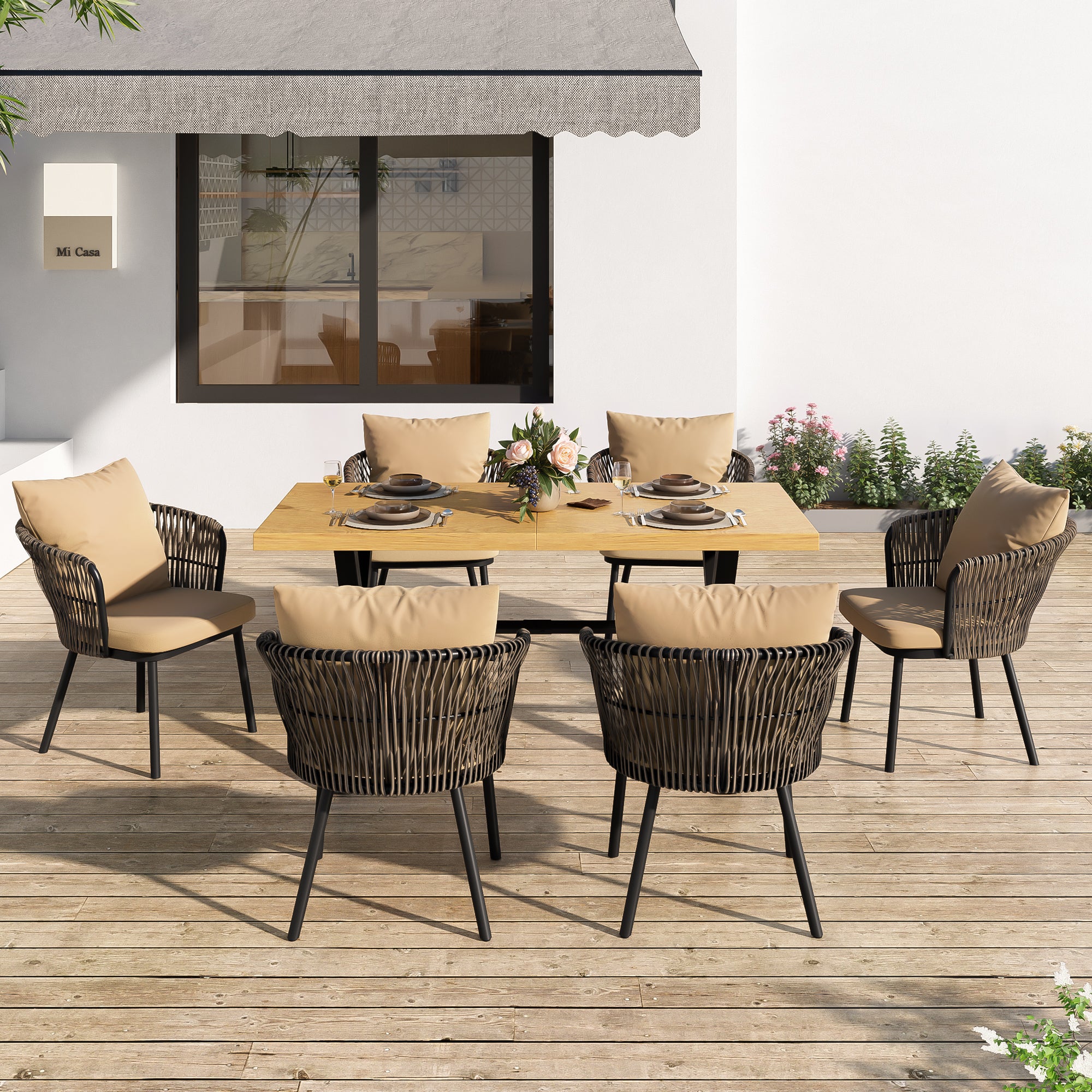 Modern Outdoor Dining Set with Seat Cushions, Rattan and Iron Frame