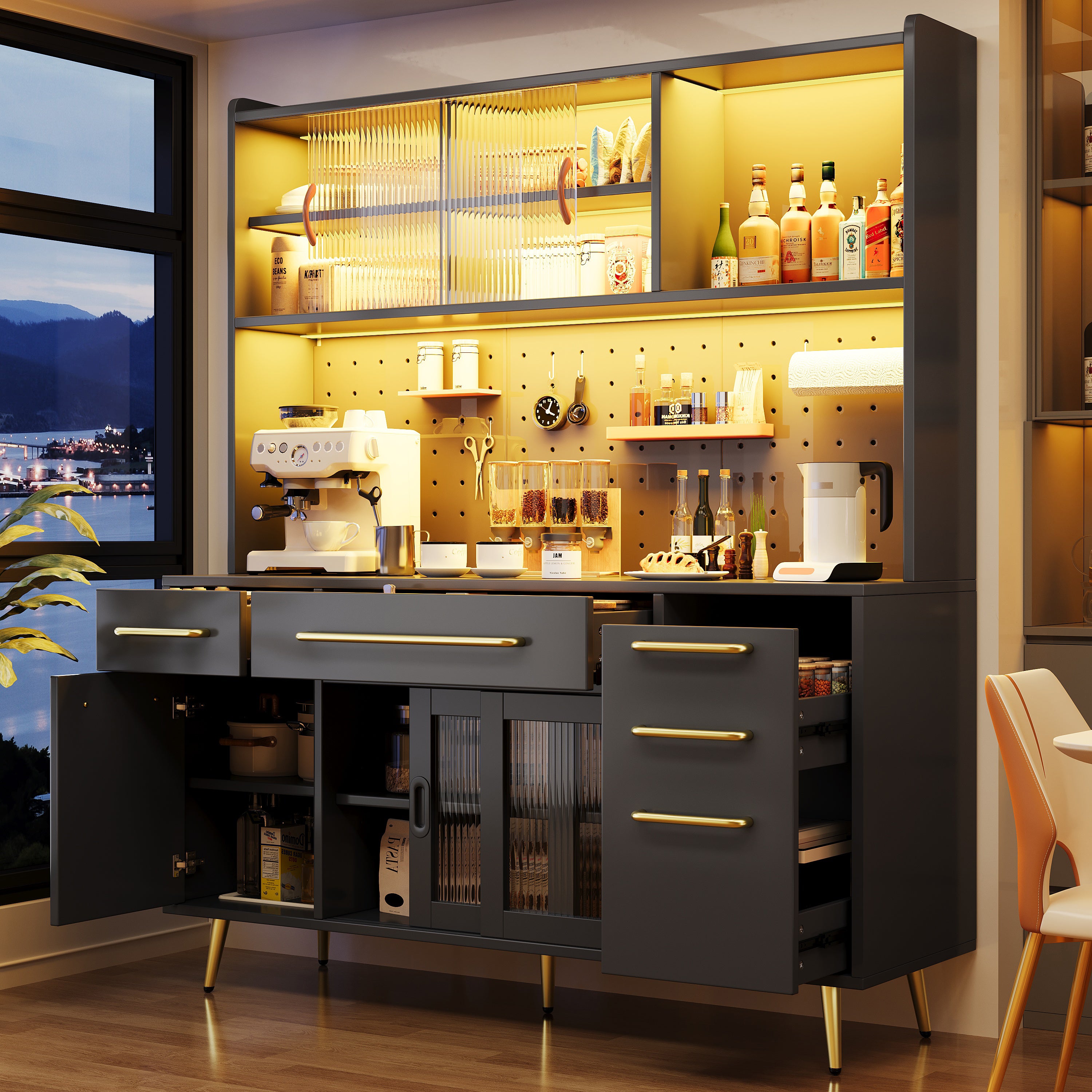 Modern Sideboard Tall Storage Cabinet with LED Lighting and Pegboard, Black