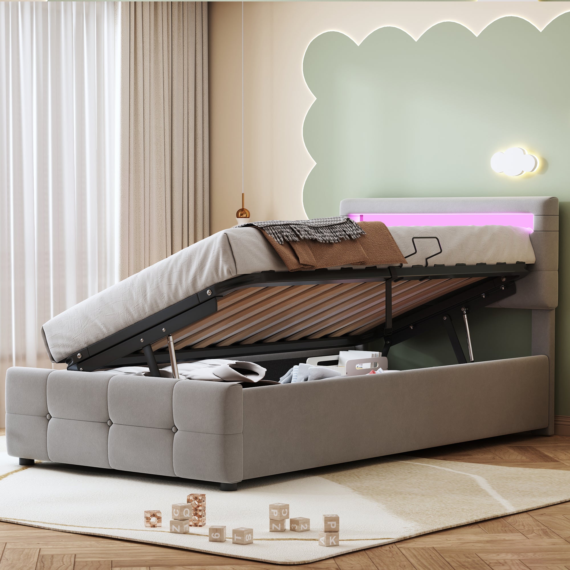 Upholstered Children's Bed, 90x200 cm with LED, Hydraulic Storage, Adjustable Headboard, Velvet Grey