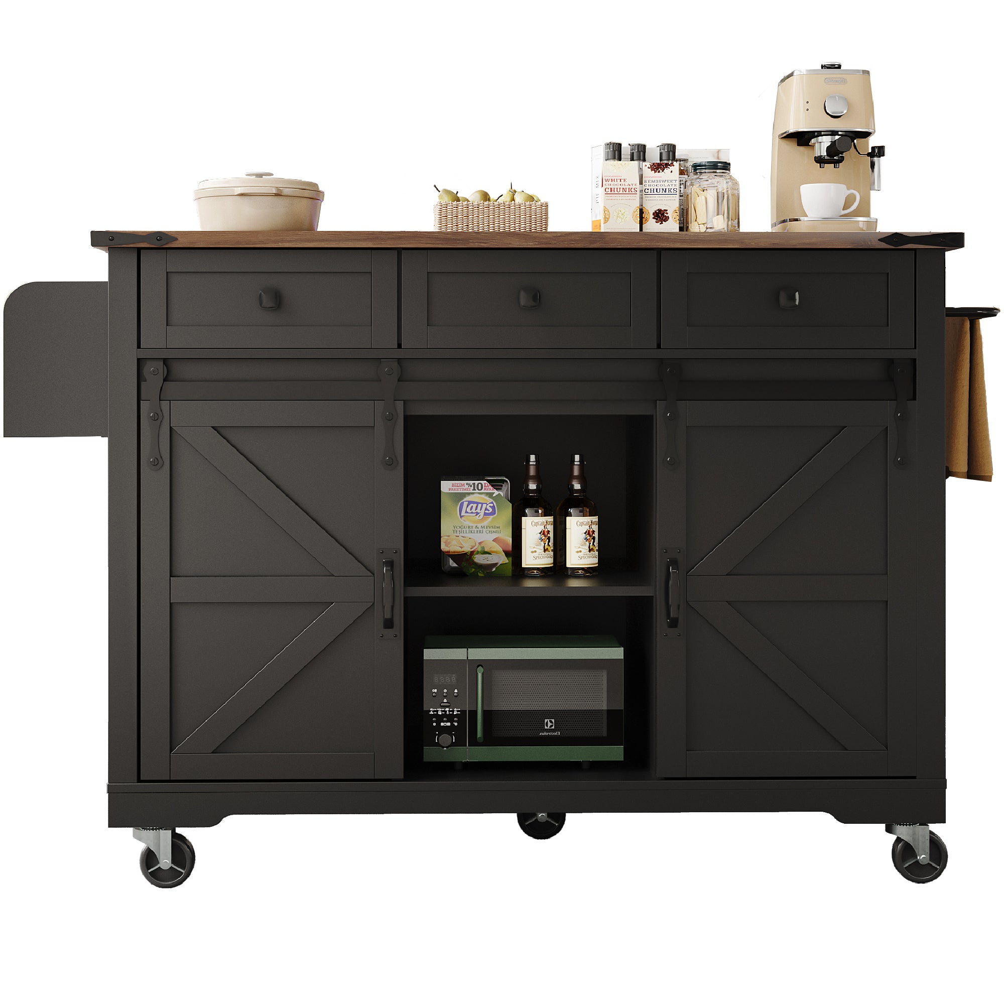 Mobile Kitchen Island Extendable Countertop 2 Sliding Doors 3 Drawers Wood Grain - Black