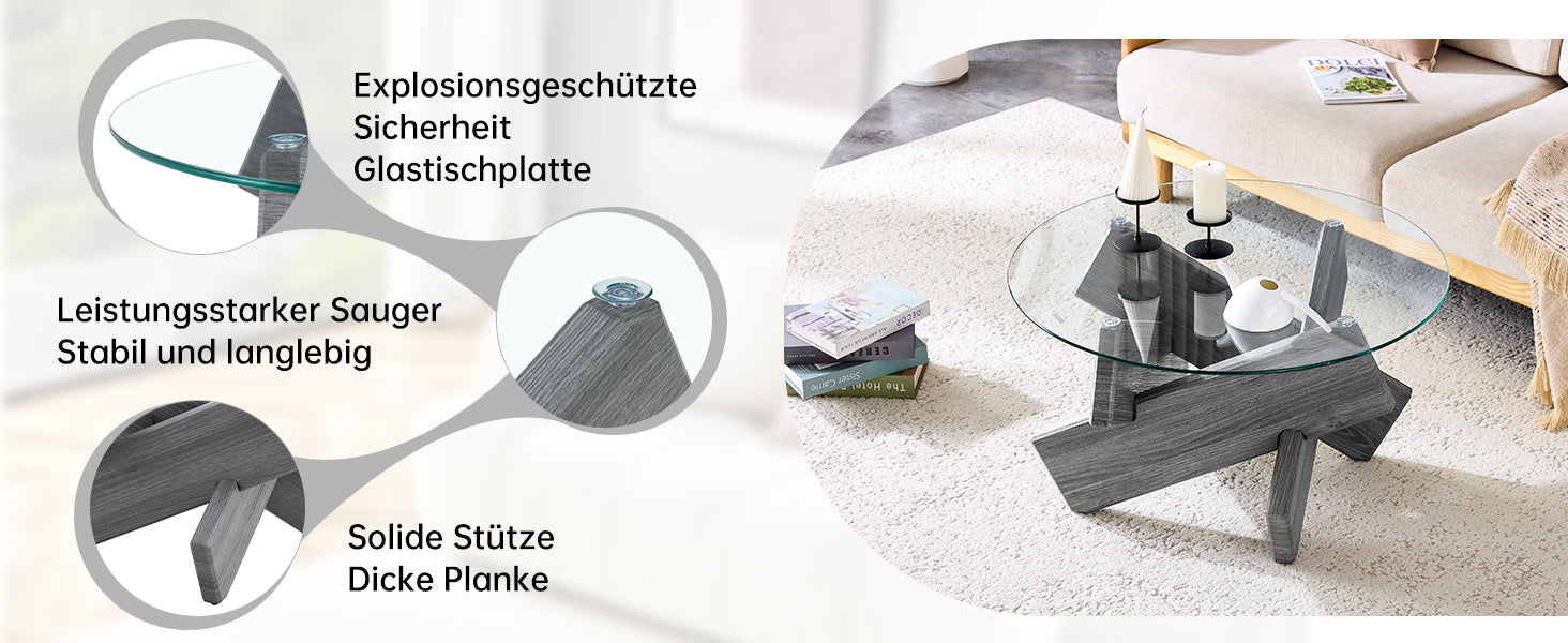 Round Coffee Table 79cm Tempered Glass Cross Legs - Gray MDF