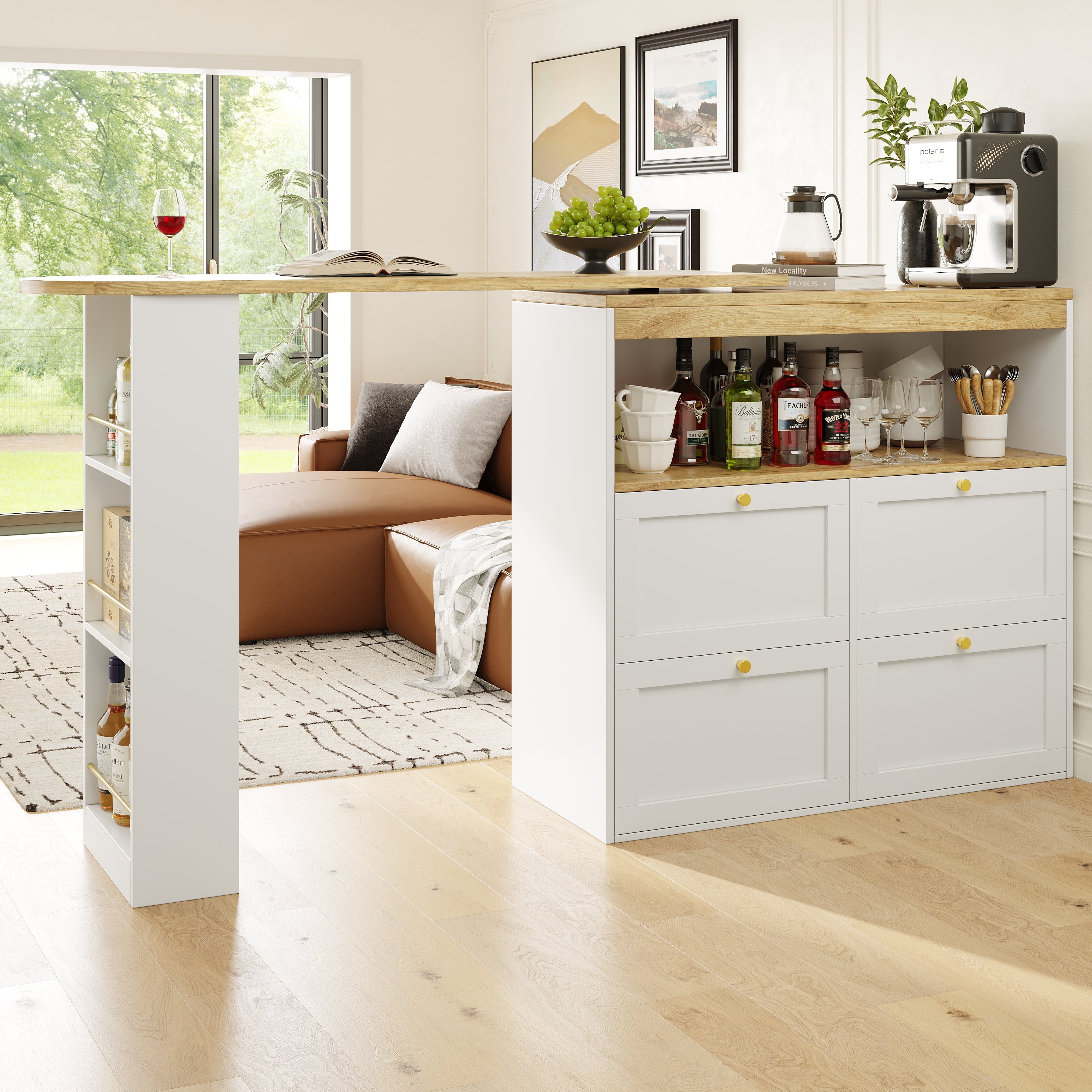 Rotating Standing Table 360° with 4 Drawers & Open Shelves - White