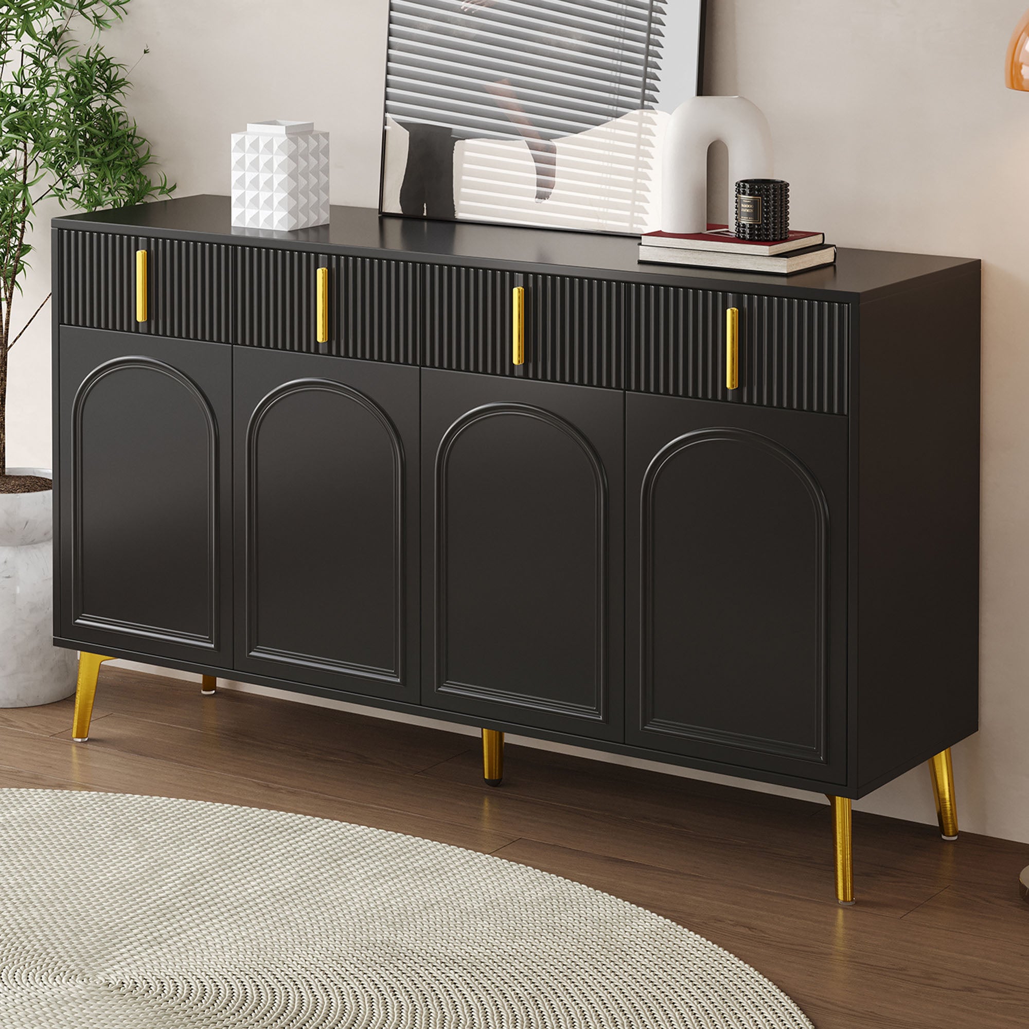 Sideboard, 4 Doors 4 Drawers, Gold Accents