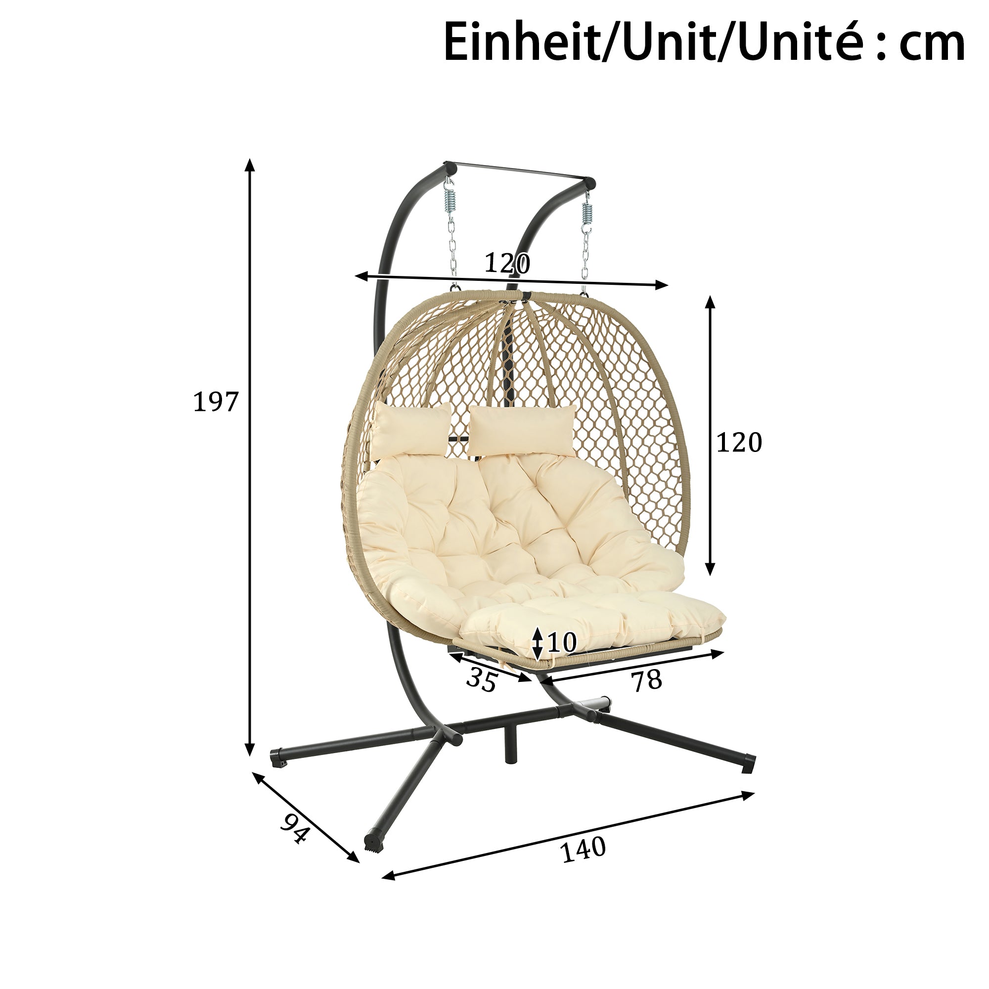 Double Hanging Egg Chair with Stand, Seat Cushion and Footrest, Outdoor/Indoor, Metal and Rattan