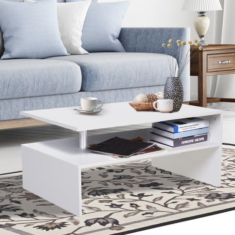 Coffee Table, Modern 2-Tier Storage Open Shelf Aluminium Poles, White