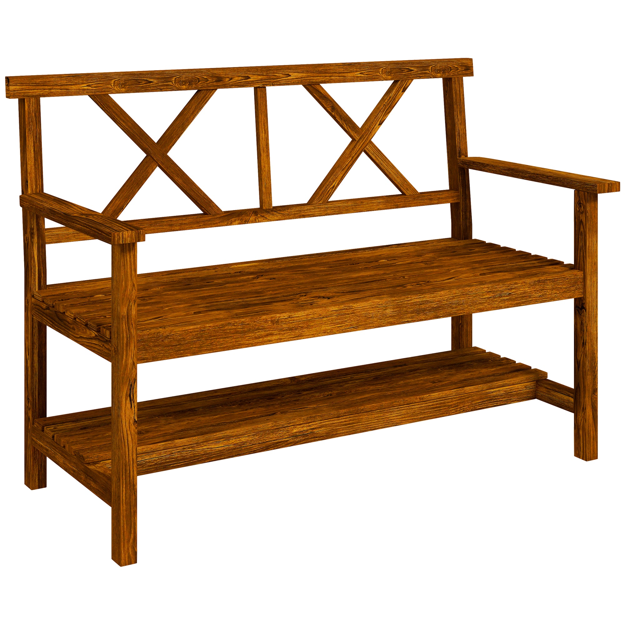 Two-Seater Fir Wood Bench with Bottom Shelf, Natural