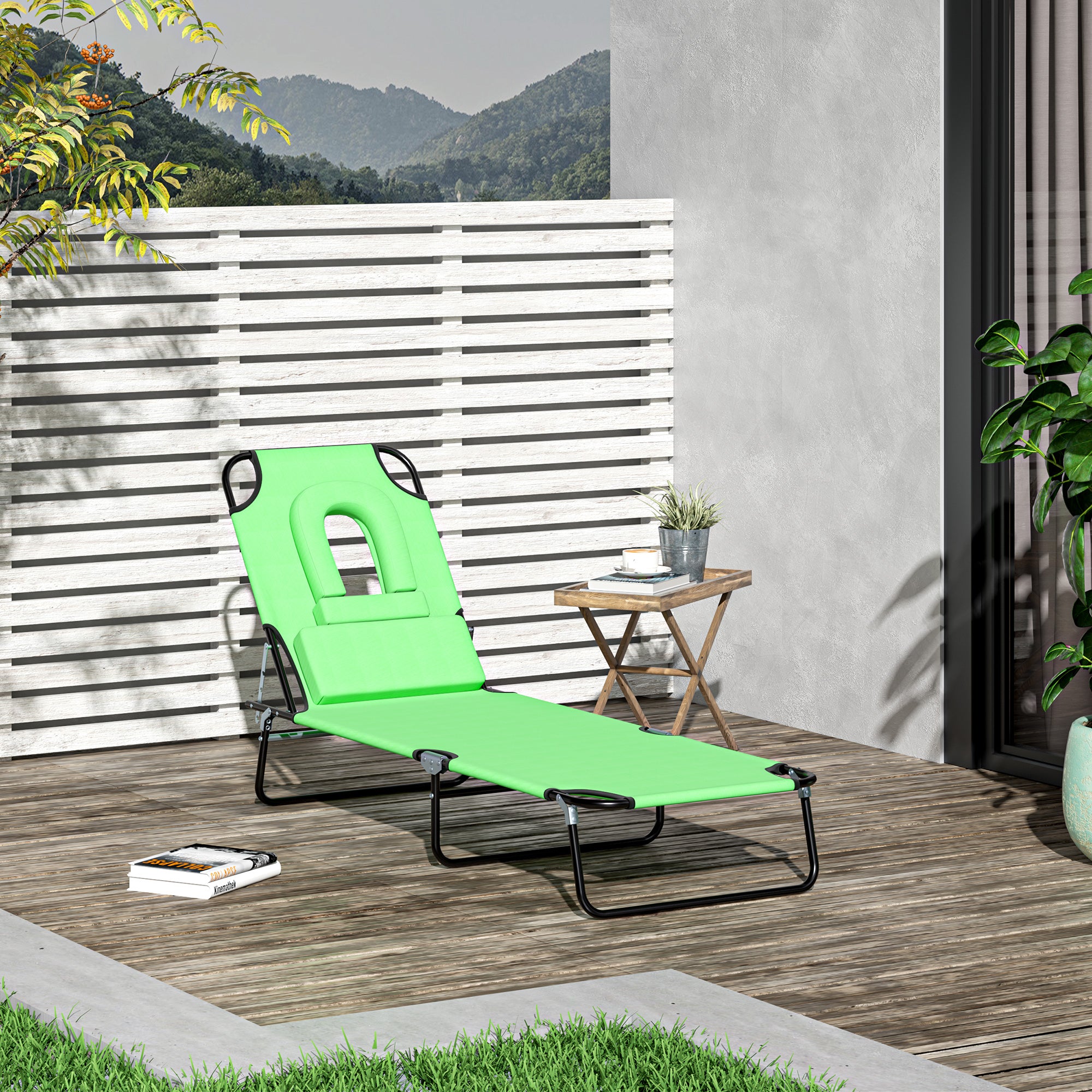 Outsuuny Folding Sun Lounger with Reading Window, Adjustable Backrest, Green