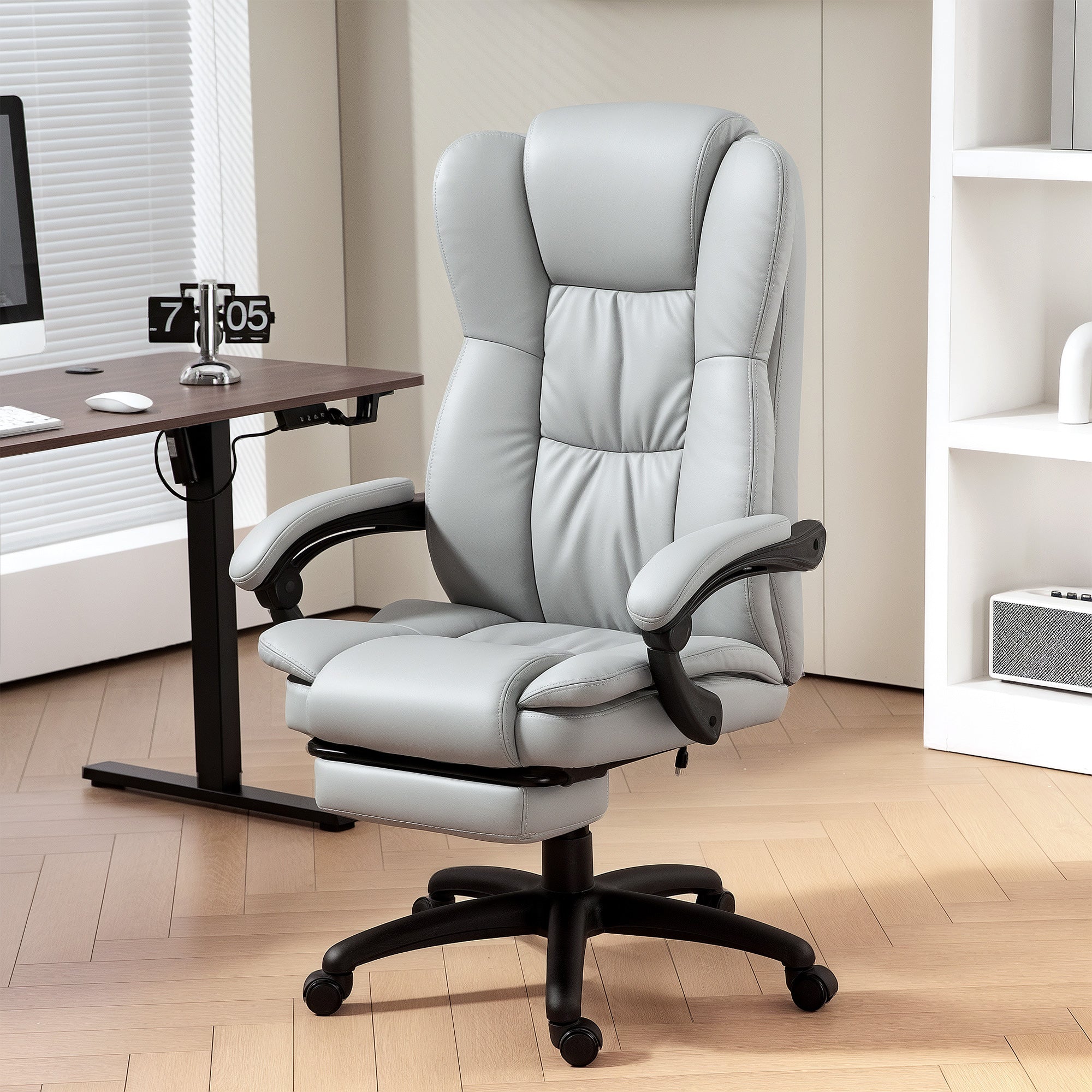 Vinsetto Office Chair, Massage, Reclining, Height-Adjustable, Swivel, Footrest, Faux Leather, Light Grey