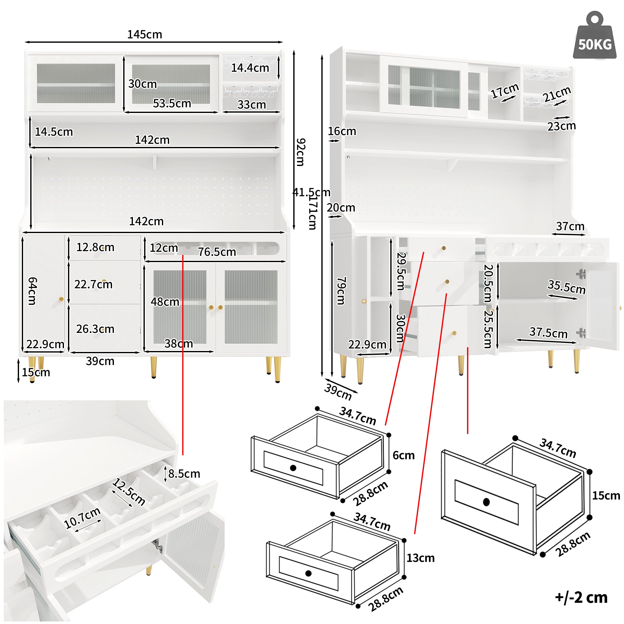 Tall Cabinet 145x39x171cm Adjustable Shelves LED Lighting Wine Rack white