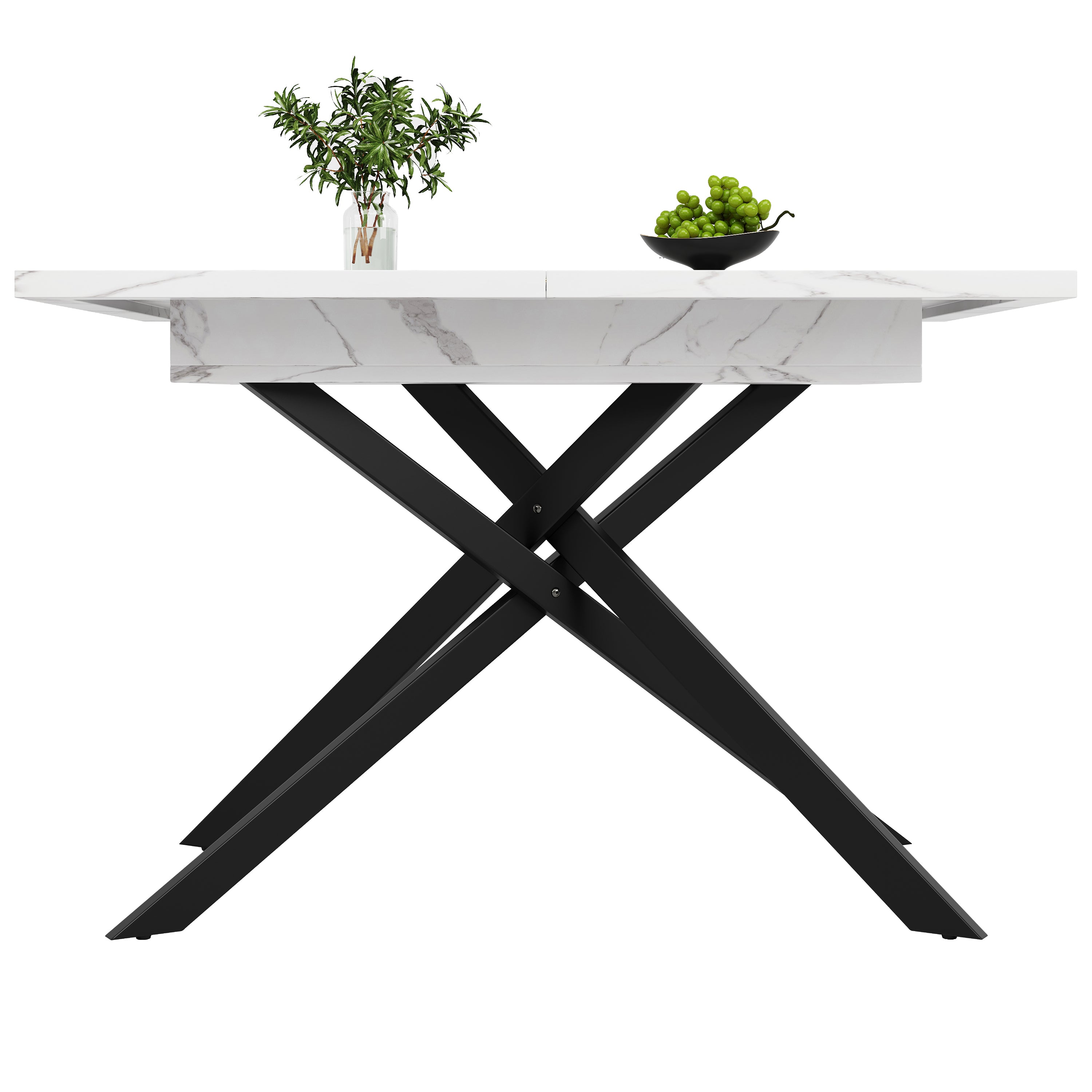 Telescopic Dining Table 120-160cm Extendable Space-Saving with Black Crossed Iron Legs, White Marble