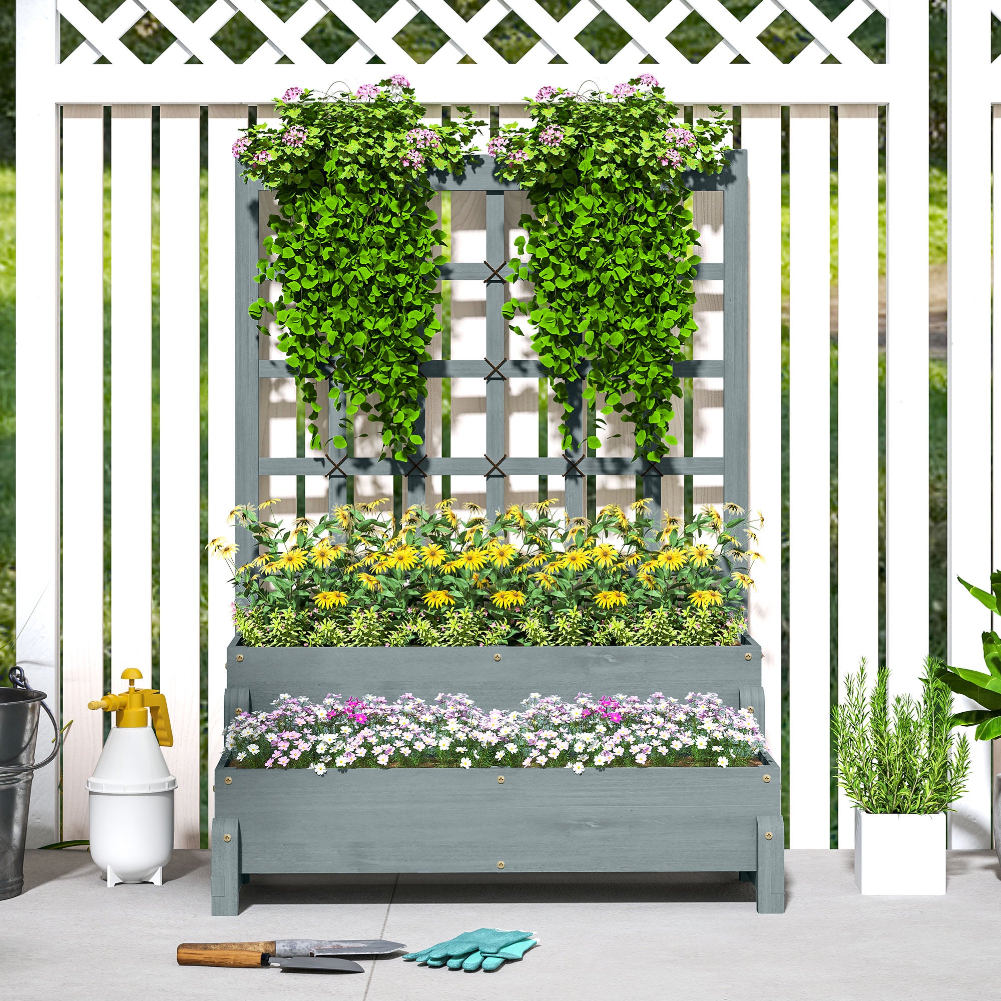 2-Tier Raised Garden Bed, Elevated Planter with Trellis and Drainage, Wooden Grey