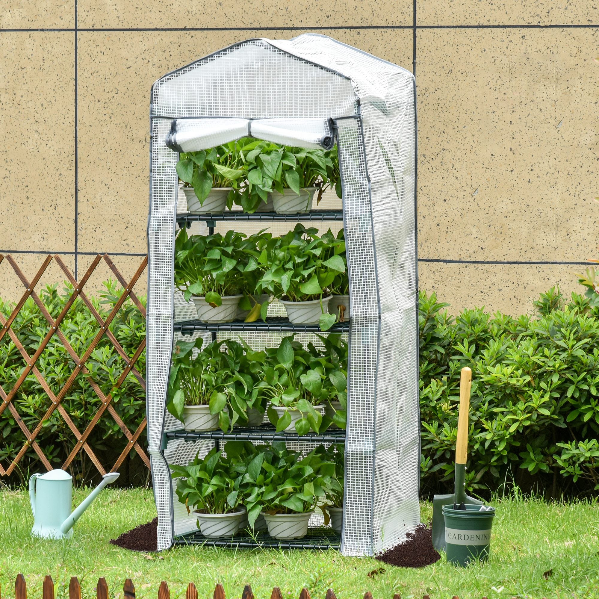 4 Tiers Mini Portable Greenhouse Grow Shed Metal Frame PE Cover