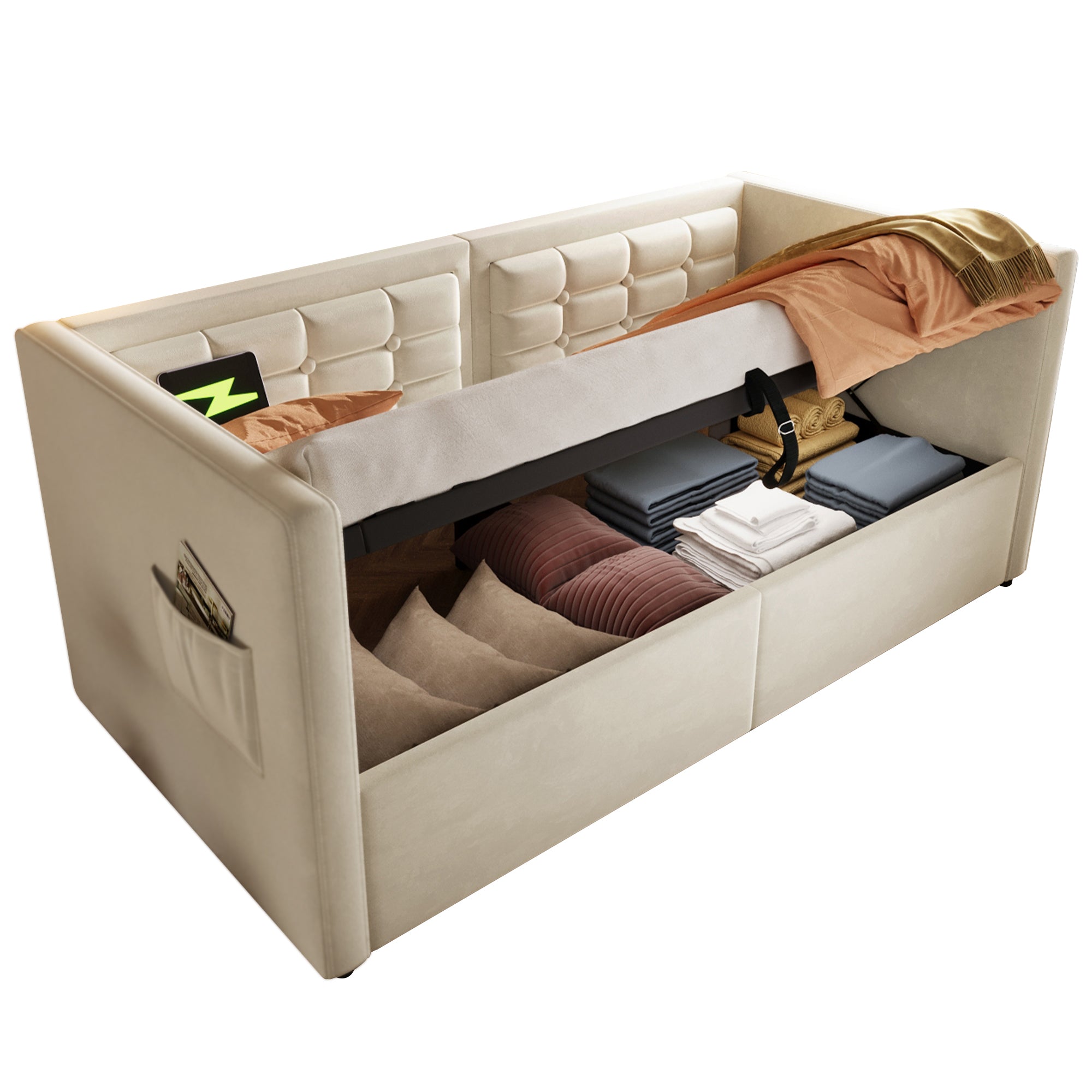 Sofa Bed 90x200cm, Single with Hydraulic Storage & USB/Type-C Charging, Beige Velvet