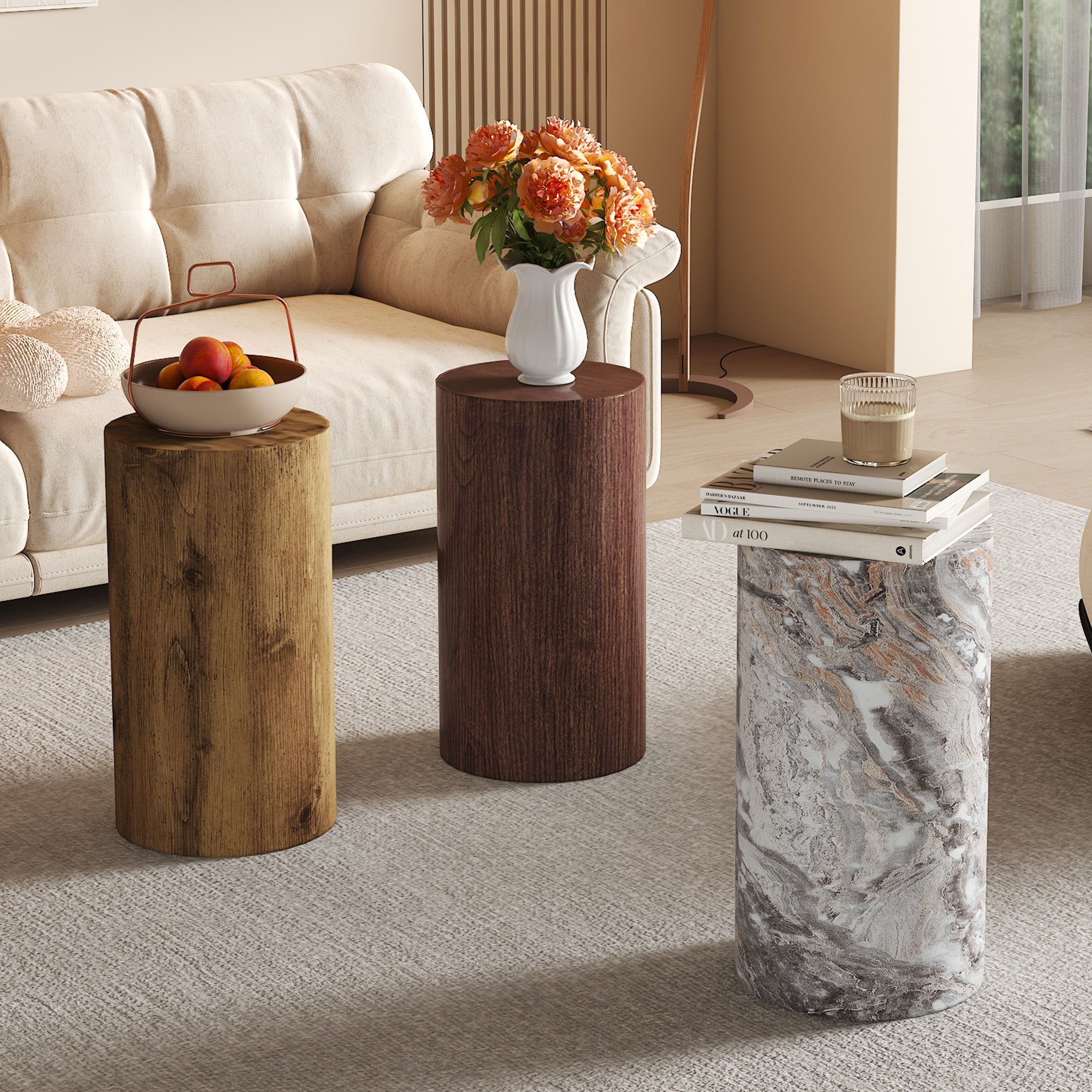 Coffee Table Round MDF Minimalist Design Small Side Table Grey Marble Look