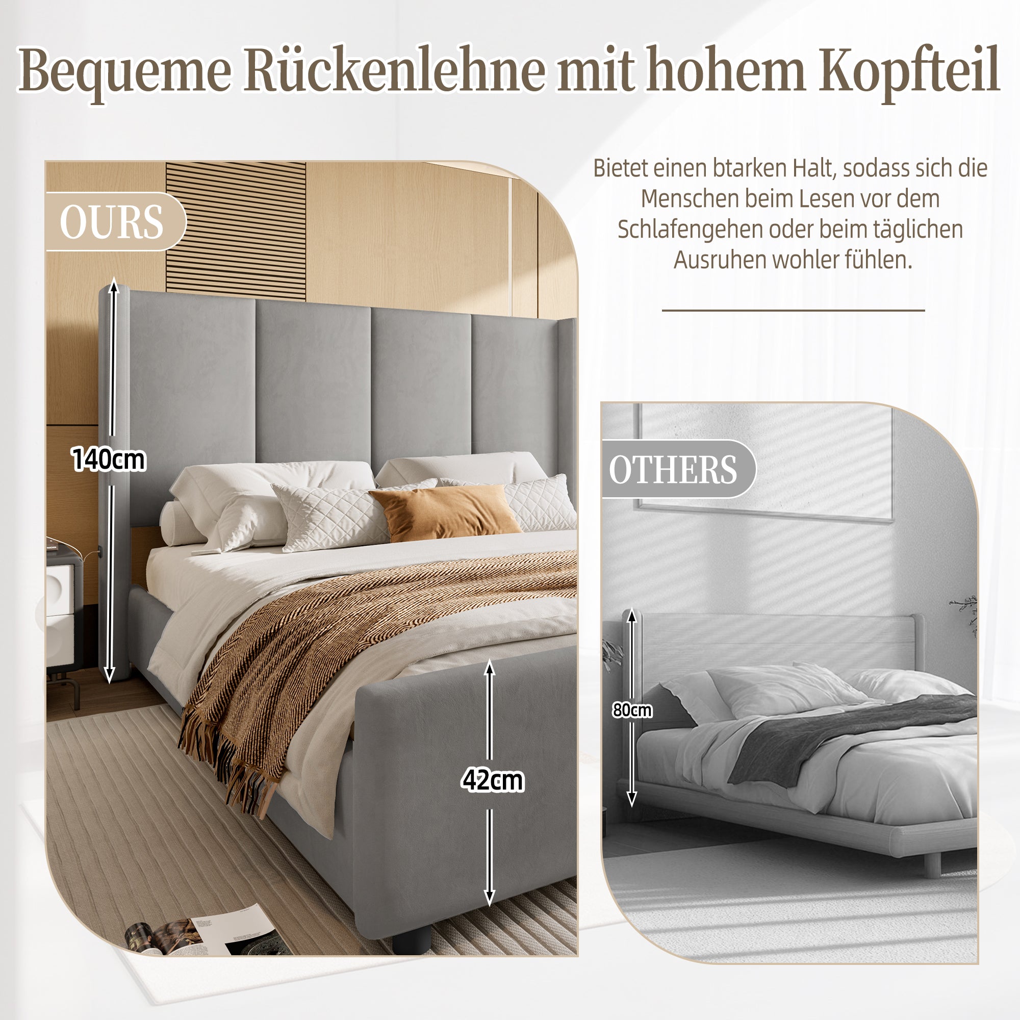 Upholstered Bed Frame, 140x200cm Modern with USB Port, Grey