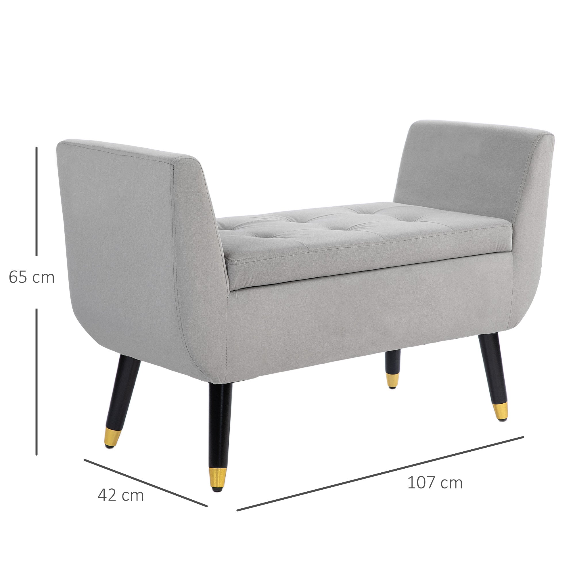 Upholstered Bench, Storage Armrests, Chest, Velvet, Light Grey