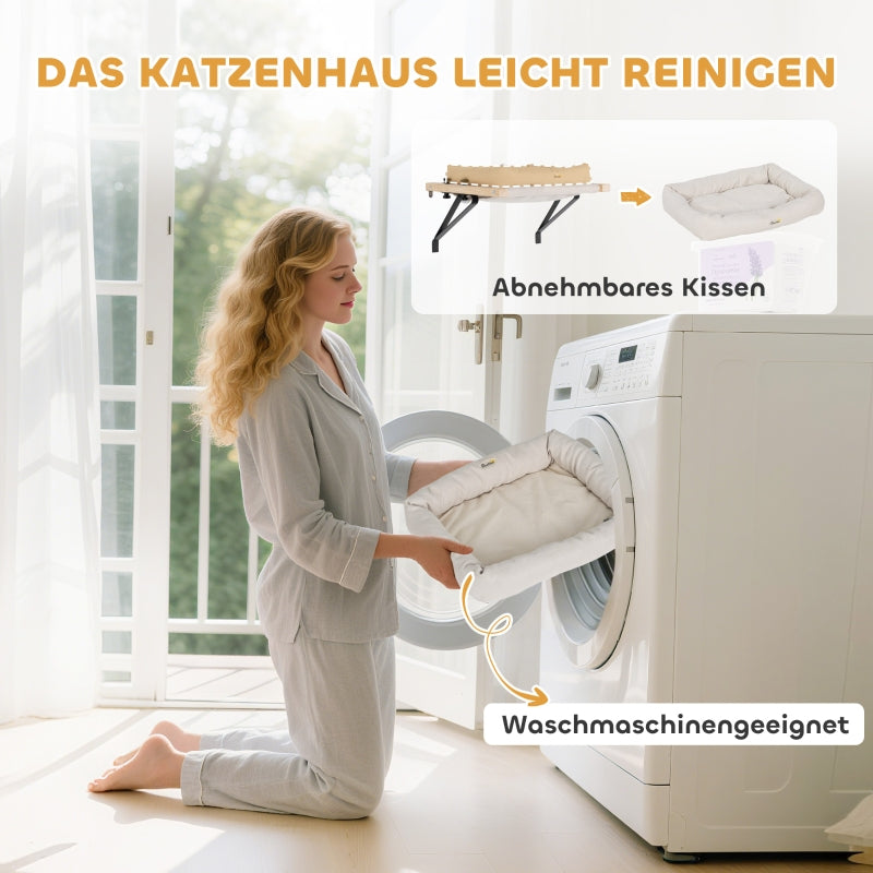 Cat House for Windowsills/Radiators, Cushion, Wooden Frame, White