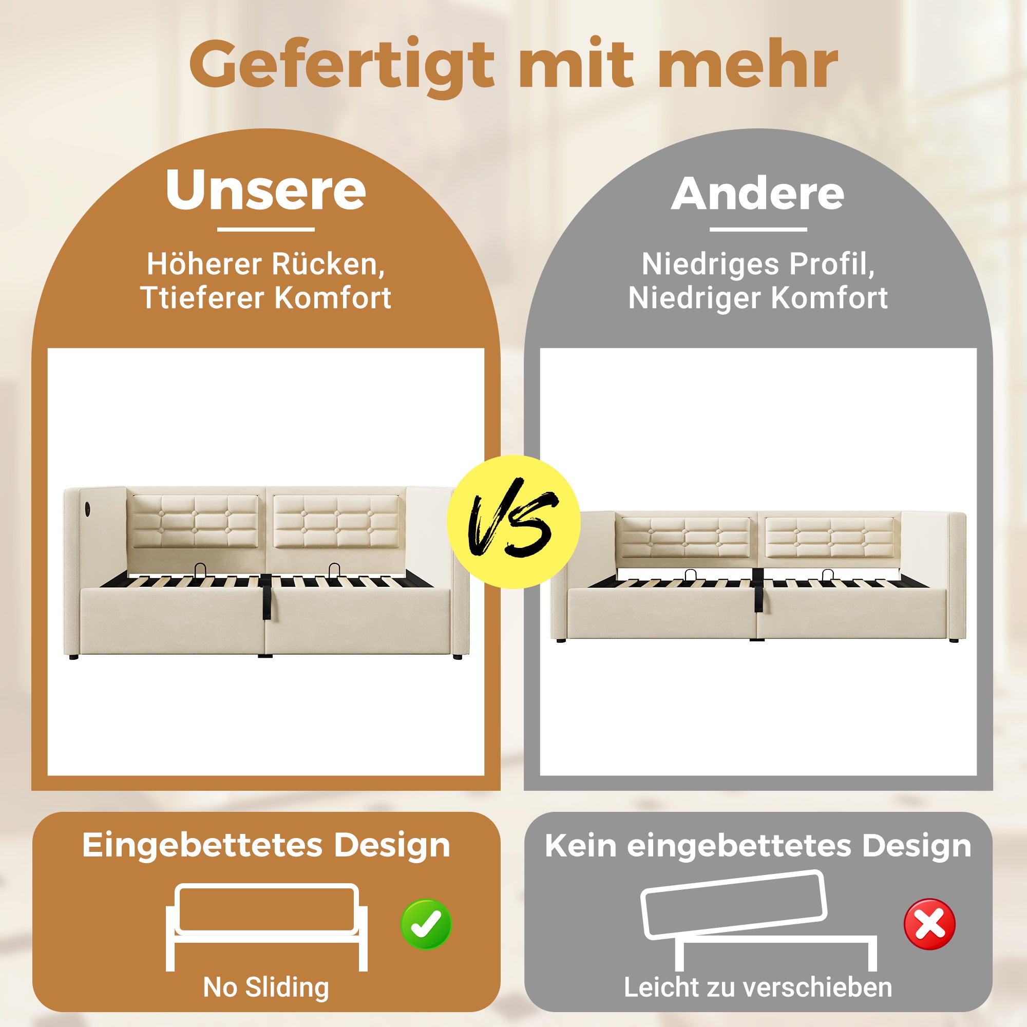 Sofa Bed 90x200cm, Single with Hydraulic Storage & USB/Type-C Charging, Beige Velvet
