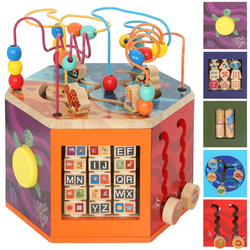 Wooden Activity Cube Bead Maze Pattern Sorter for Toddlers, Multicolor
