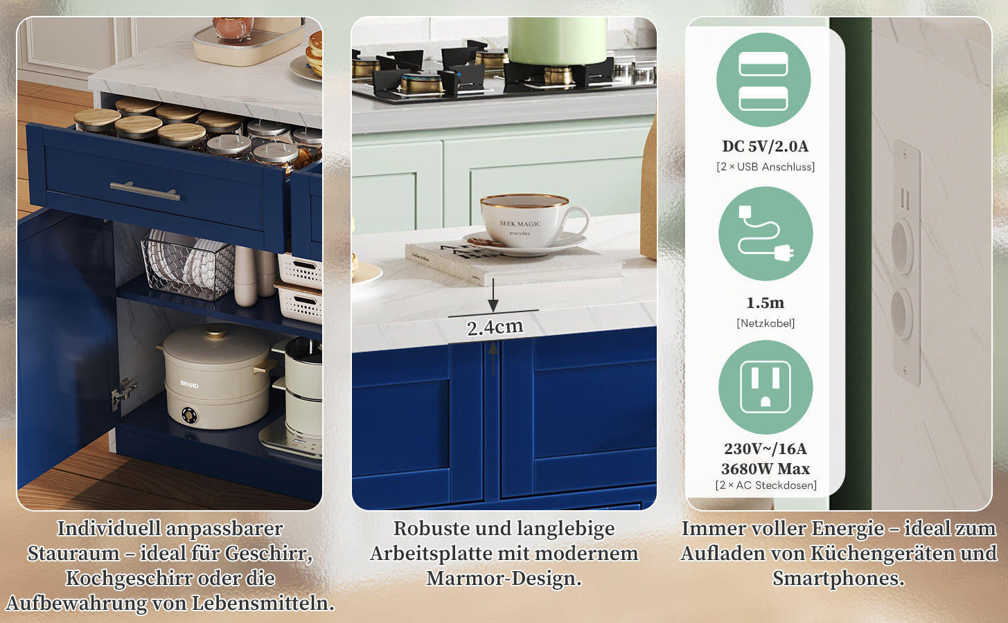 Kitchen Island with Power Outlets and Adjustable Shelves, Wood Look