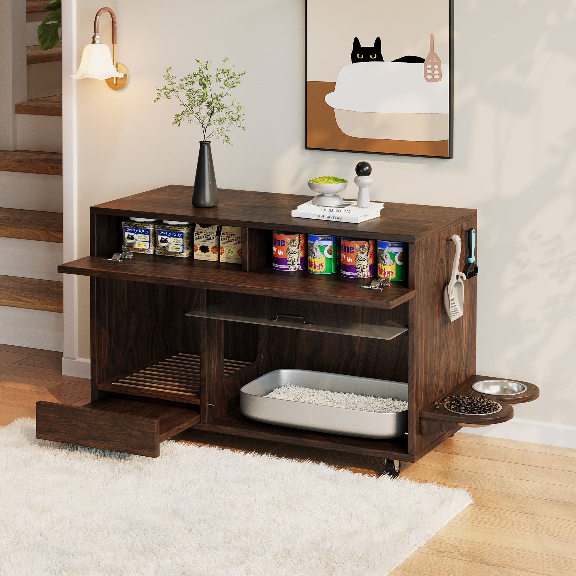 Mobile Cat Litter Box Cabinet with Food Bowls, Sand Tray, Pegboard - Walnut