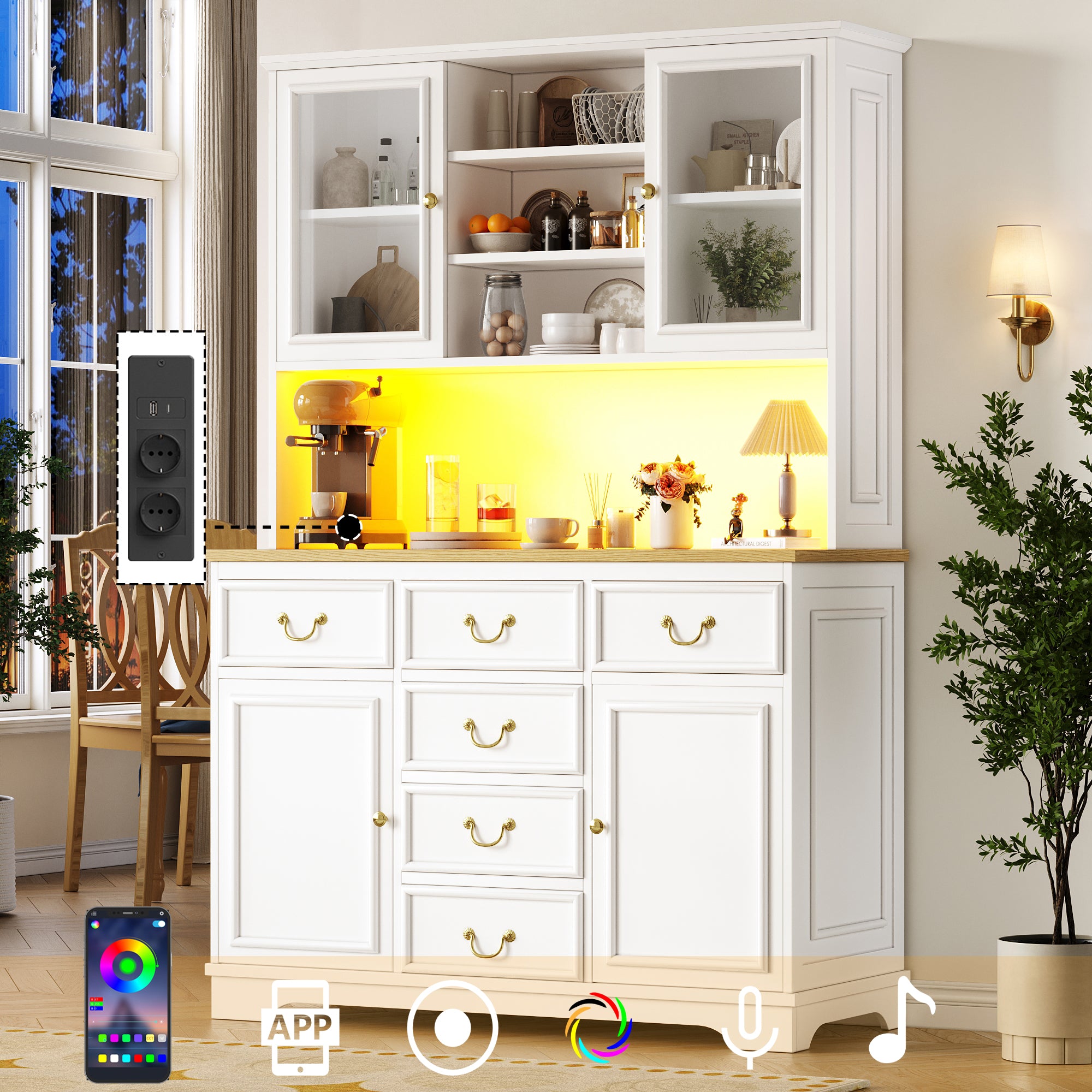 Tall Kitchen Cabinet Sideboard with USB Ports, Sockets and LED Lighting, White