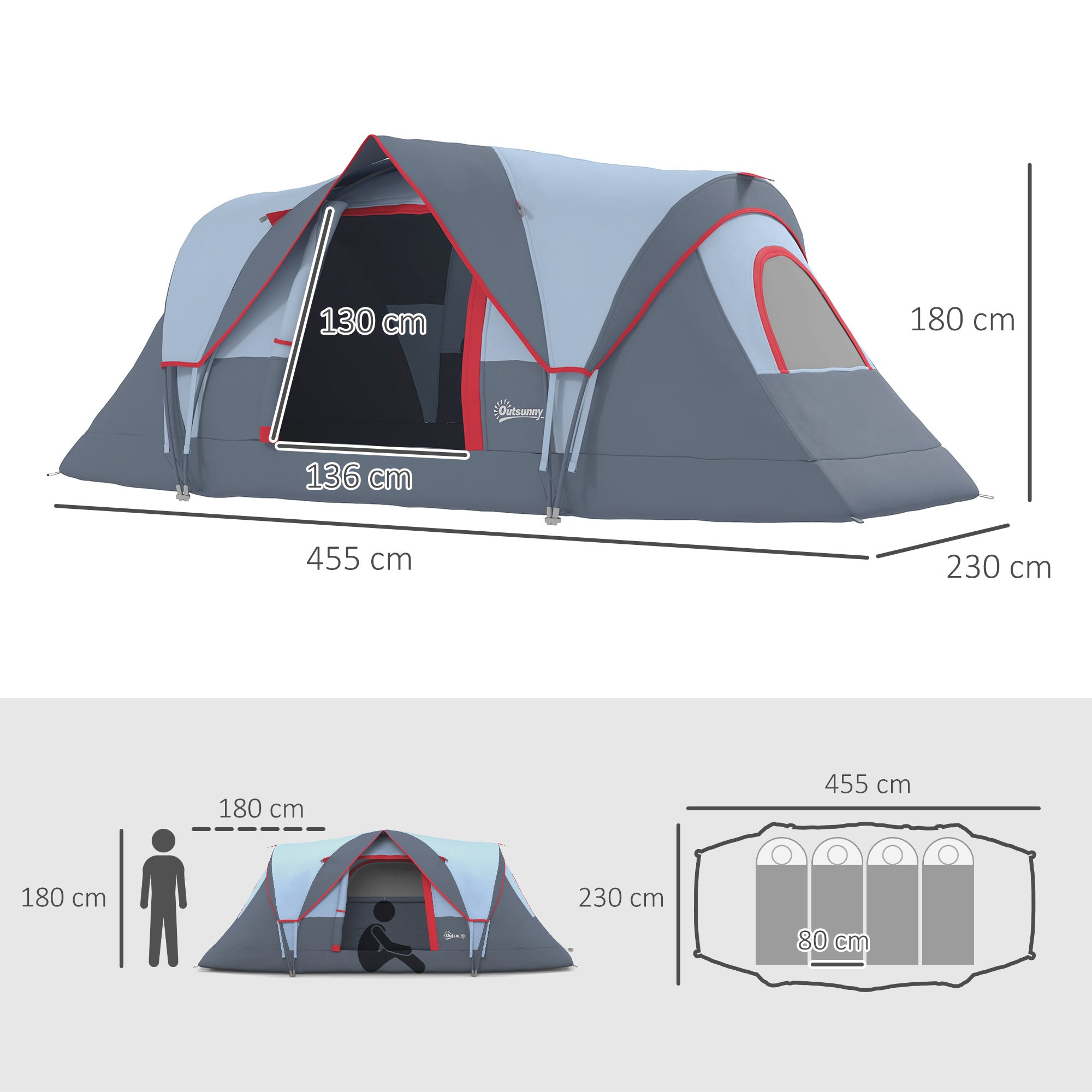 Camping Tent 5-6 Person Tunnel Dome Tent Polyester, Grey