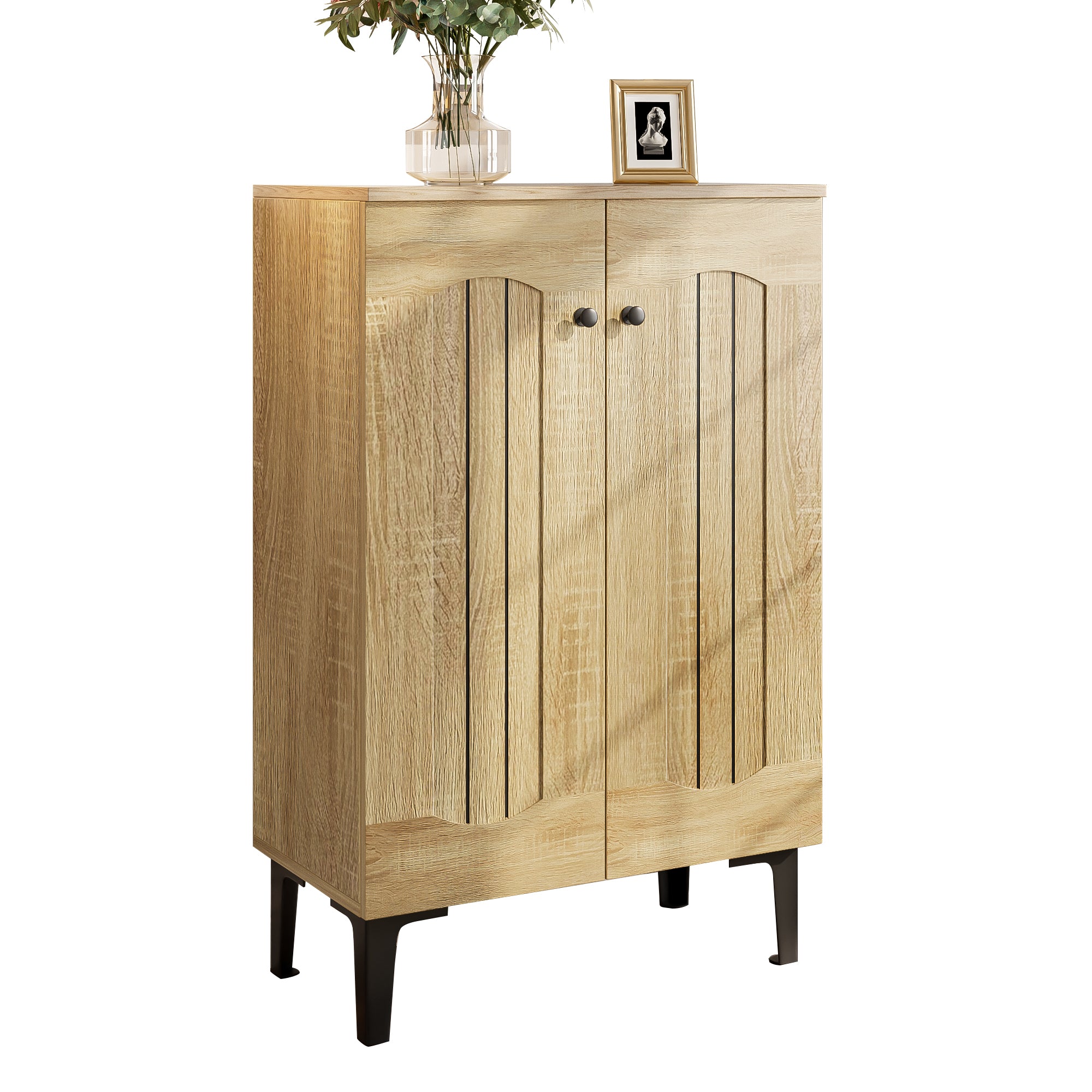 Modern Shoe Cabinet, Double Doors, Large Storage, Multi-Tiered Shelves, Wood Color