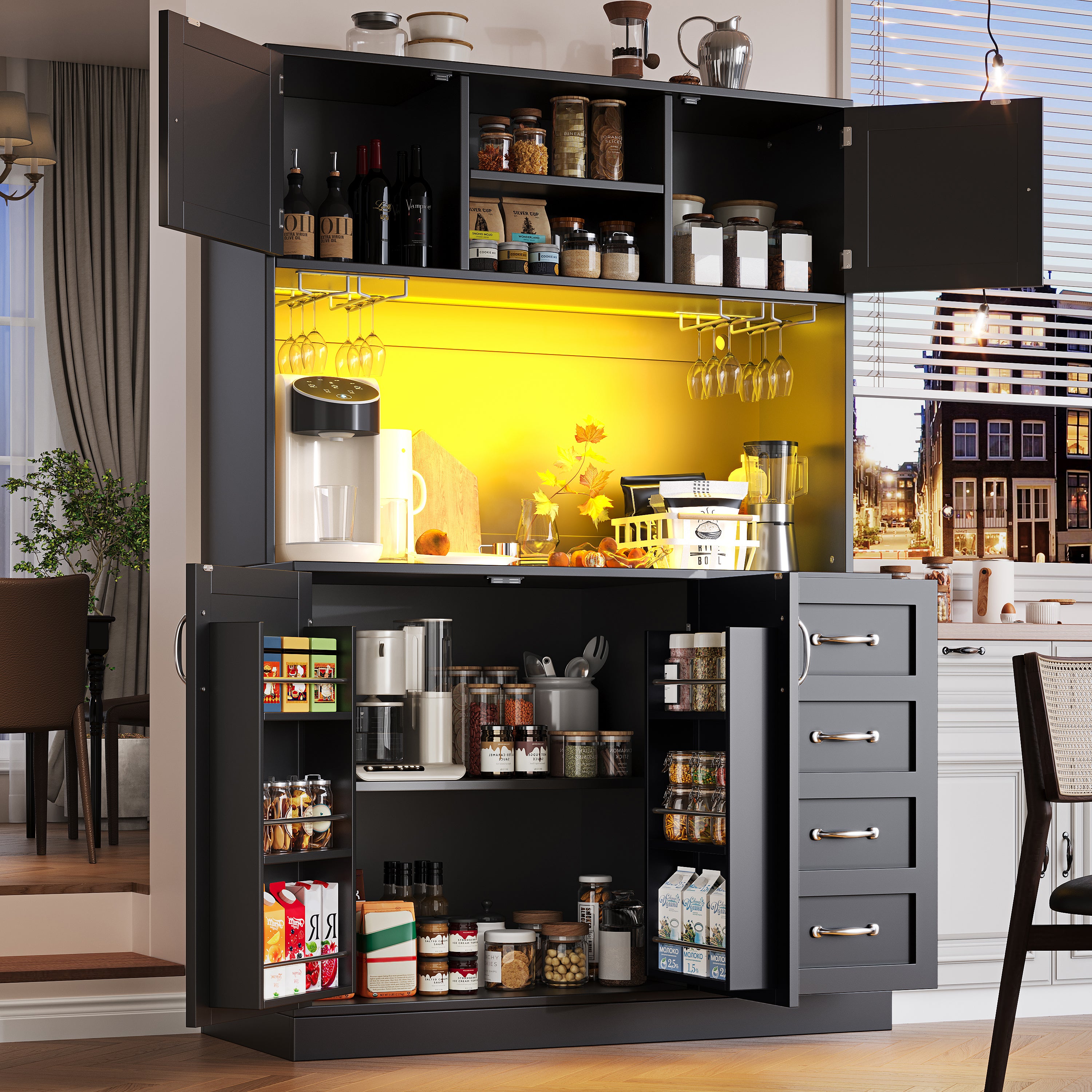 Sideboard Buffet Cabinet with LED Lighting and Snack Shelf, Green, Black and White