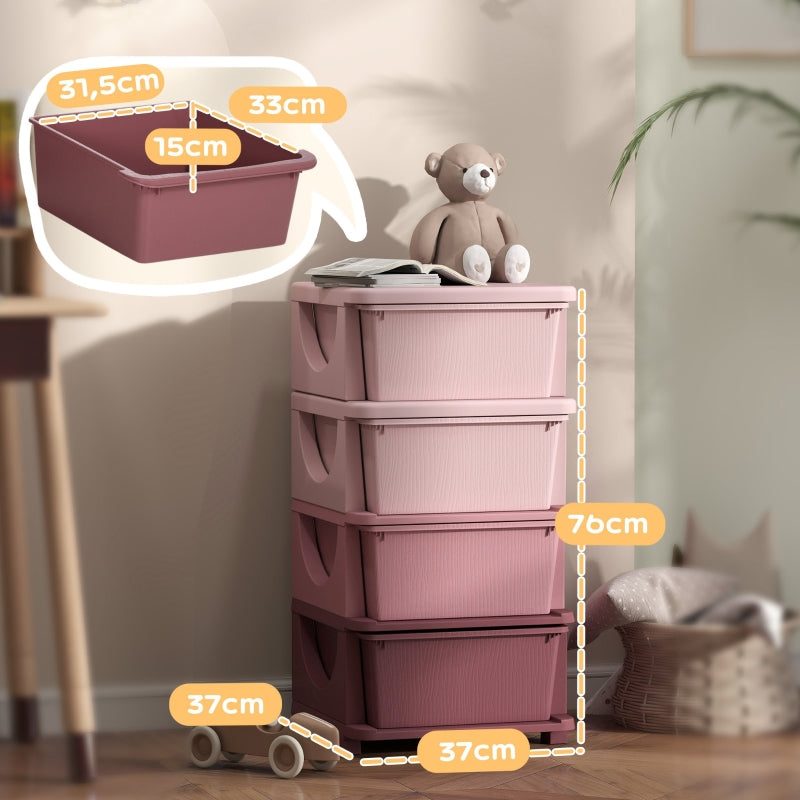 Children's Storage Boxes 4 Drawers Rounded Edges Pink