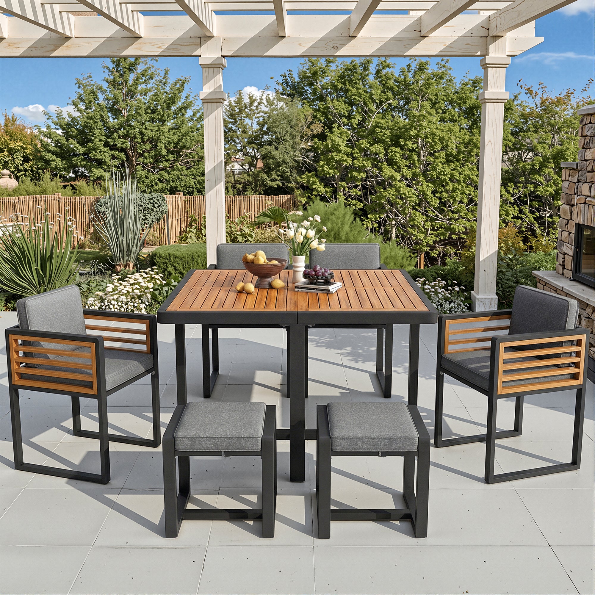 Garden Furniture Set, Lounge Seating Group with 6 Chairs and Table, Solid Wood Tabletop