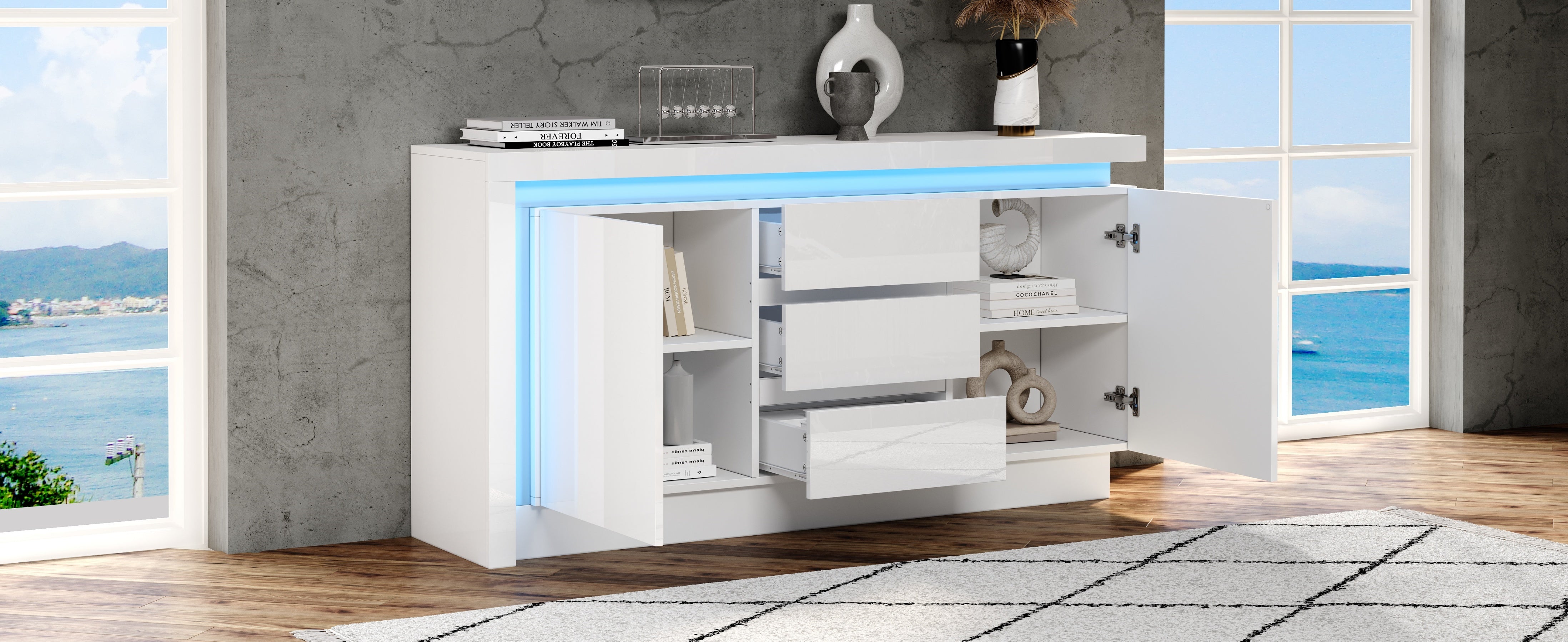Sideboard, 140x35x72cm, 3 Drawers, 2 Doors, Adjustable Shelves, LED, High-Gloss White