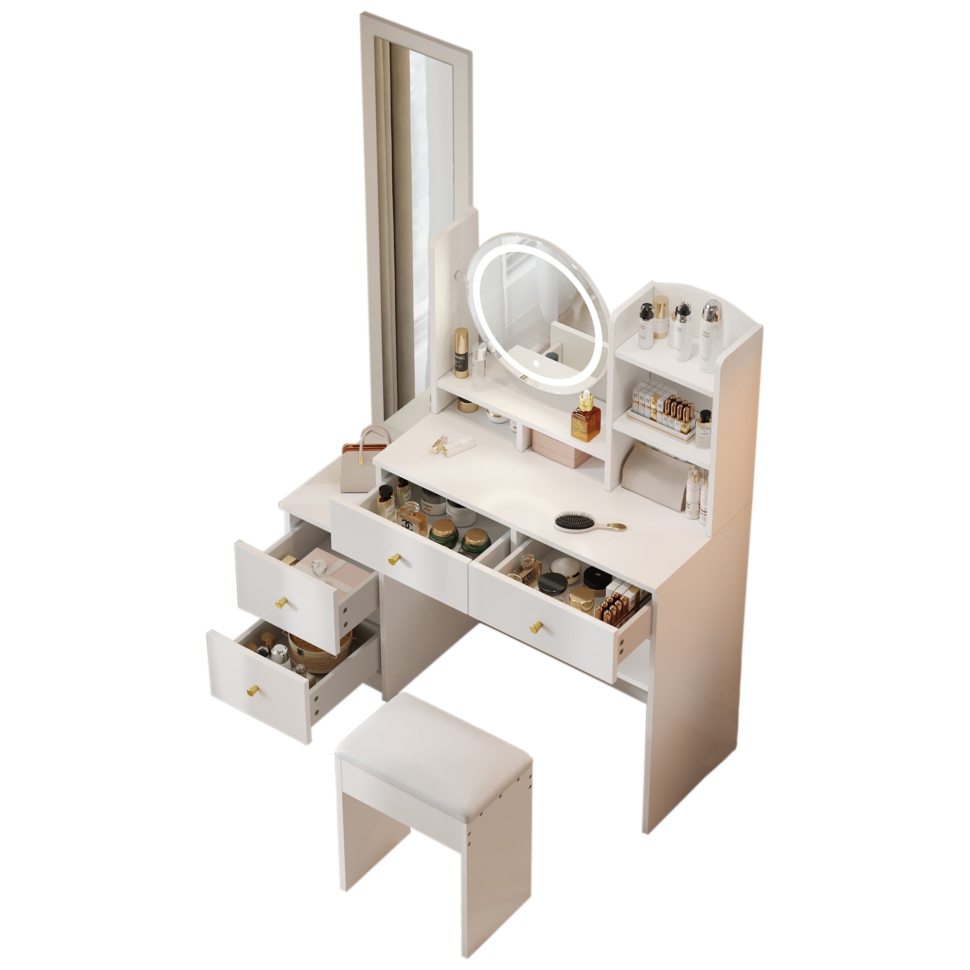 4-in-1 shoe cabinet makeup table with full-length mirror, 3-color led lighting, metal handle, white