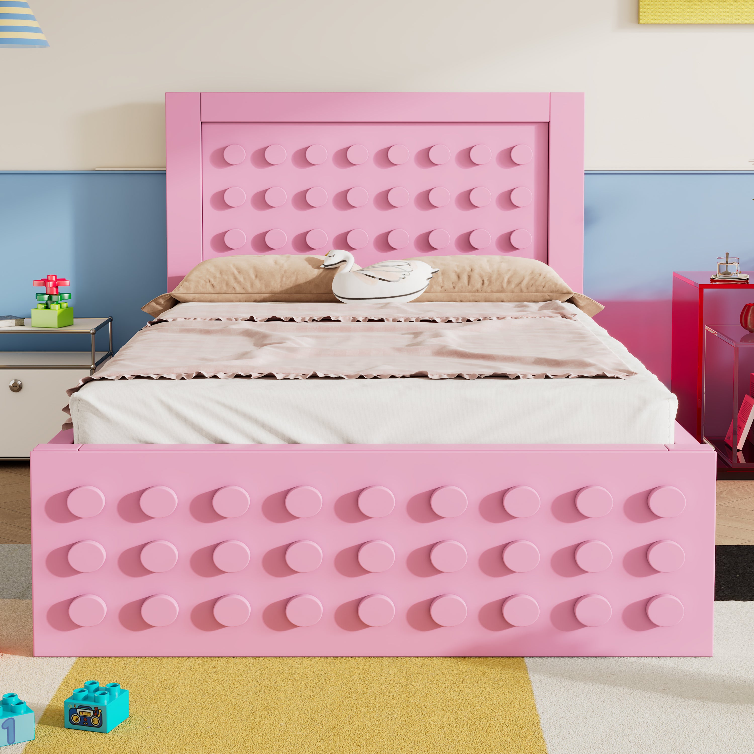 Wooden Single Bed, 90x200 cm with Drawers, Pink