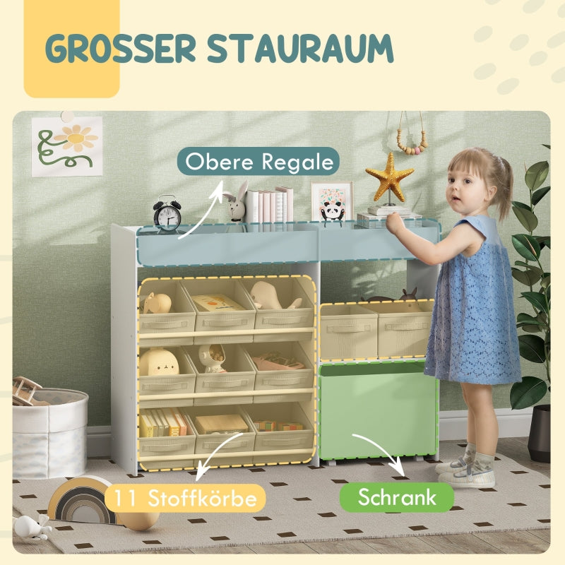 Children's Storage Shelf 11 Fabric Boxes Top Compartments - White