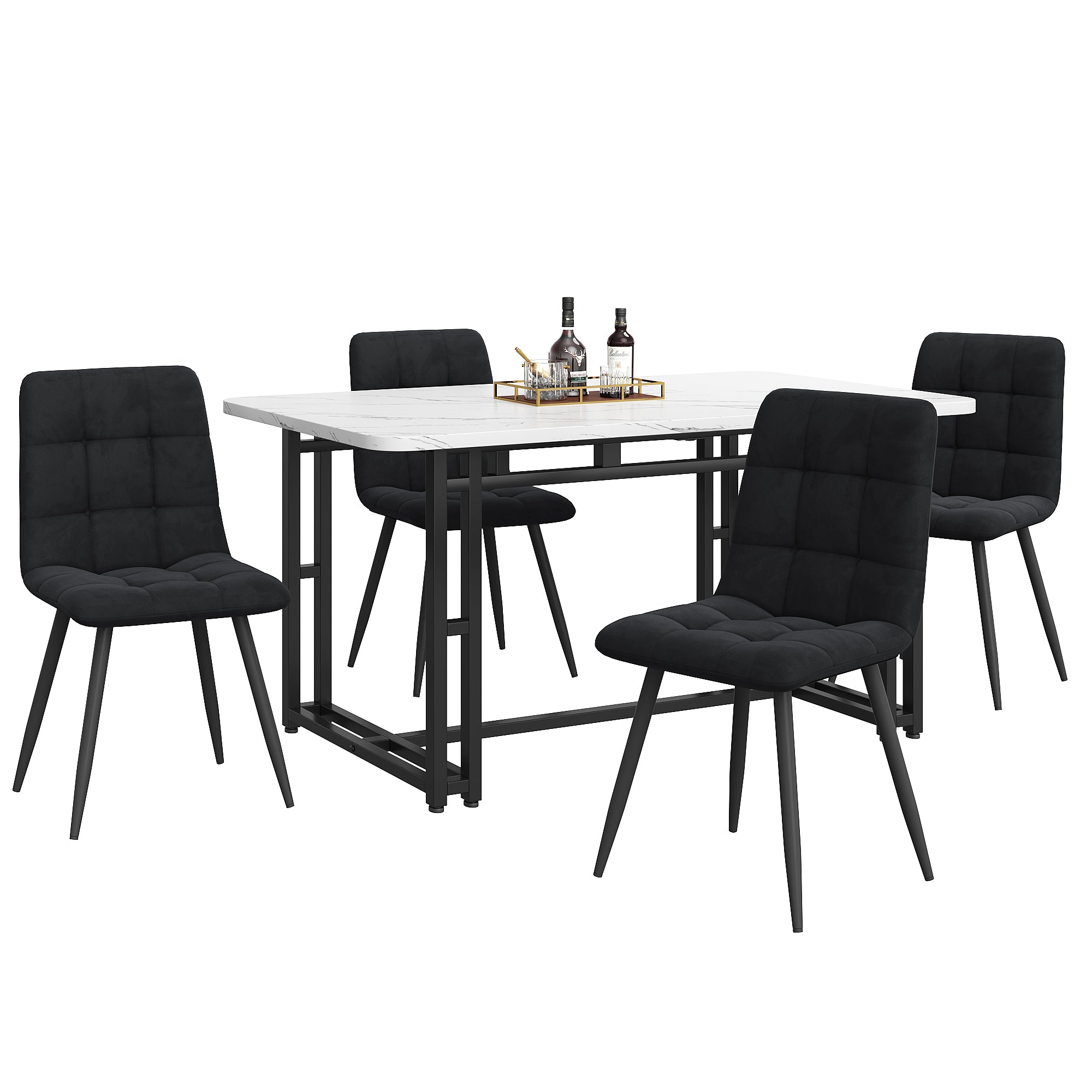 Dining Table Set, 140x80cm with 4 Chairs, Black Velvet & Iron