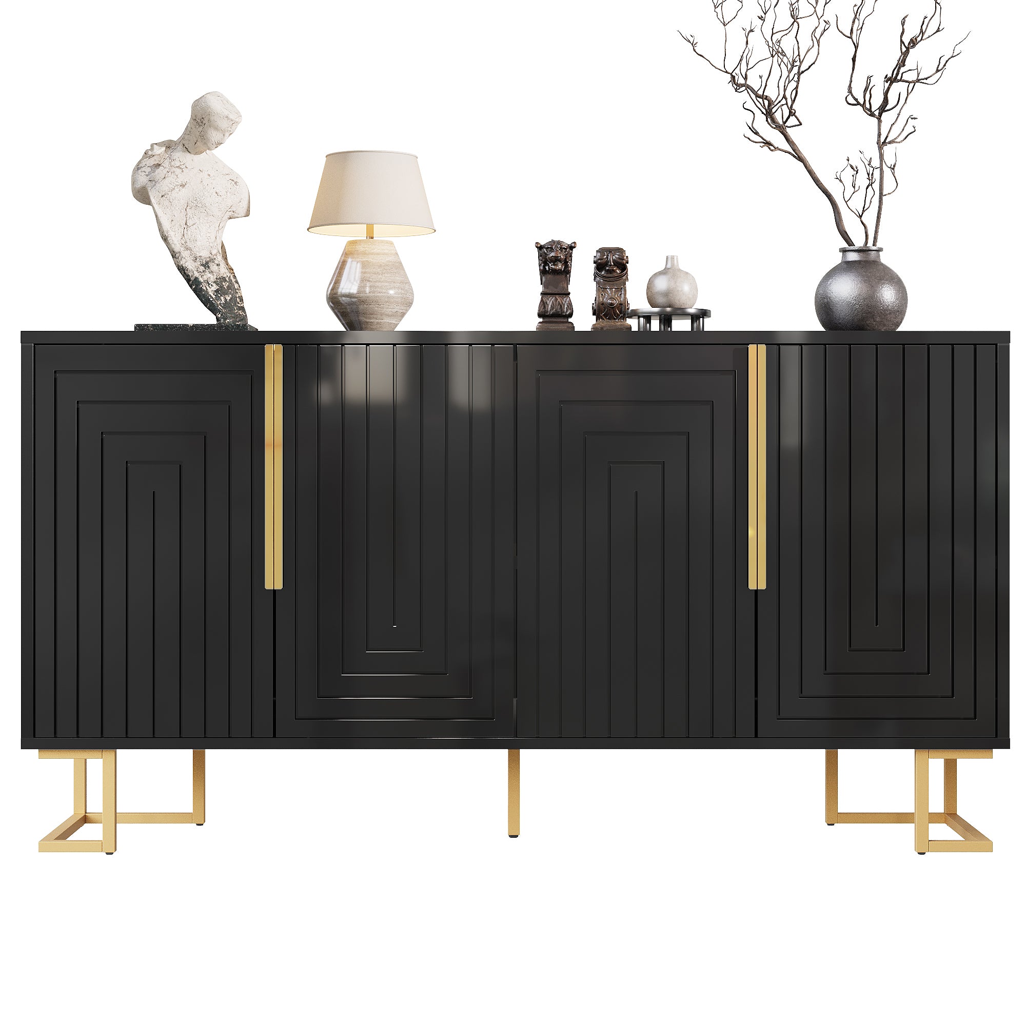 Sideboard with Geometric Design and Gold Accents, 152 x 40 x 75 cm, Black