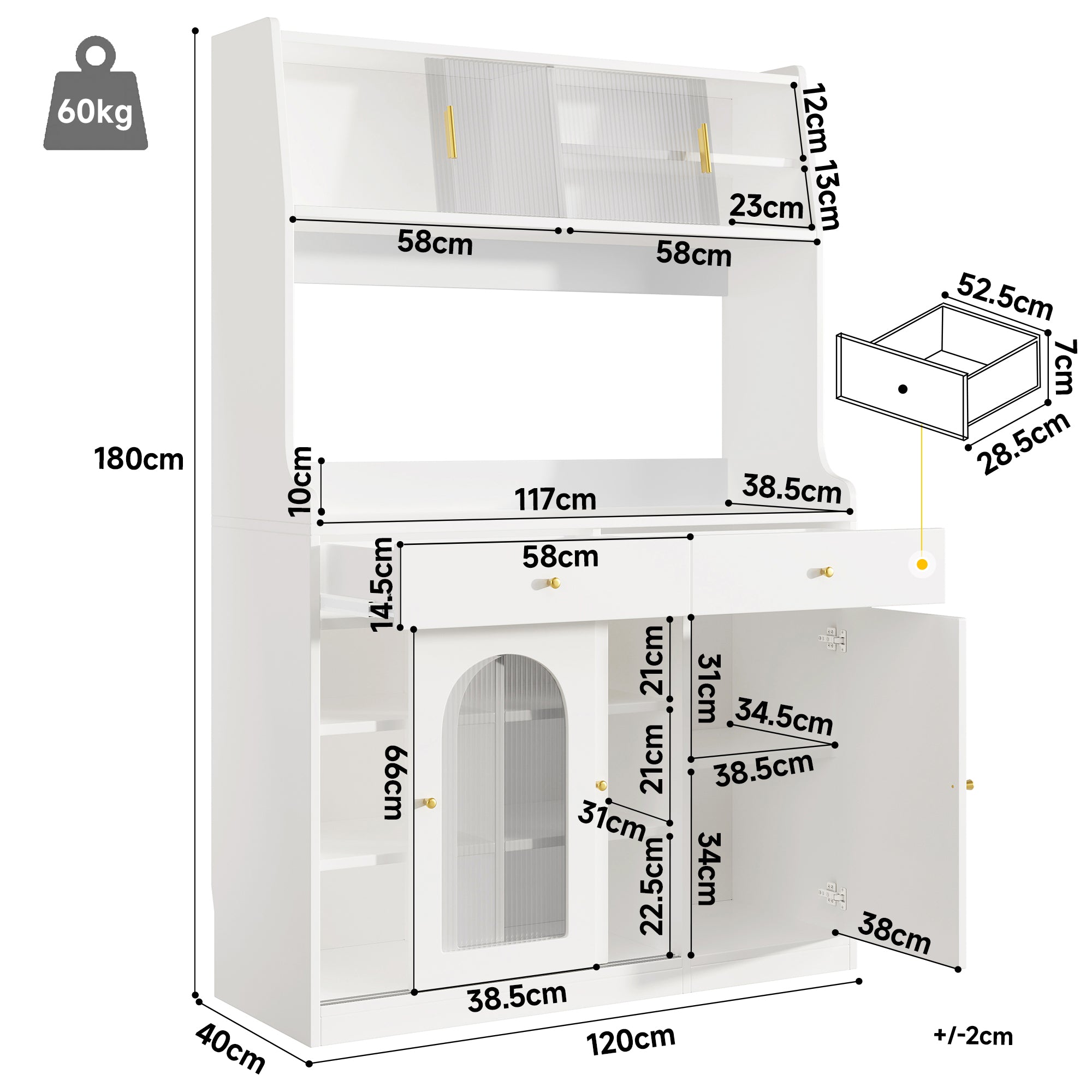 Tall Kitchen Cabinet Buffet Sideboard, Display Storage Adjustable Shelves 2 Drawers LED Lighting - White